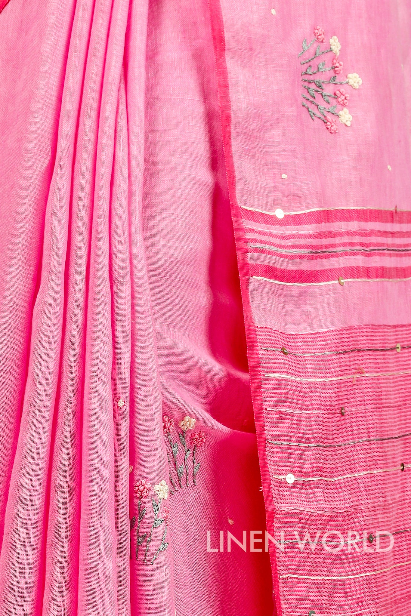 naisha - french knot hand embroidered pure linen sari - linenworldonline.in