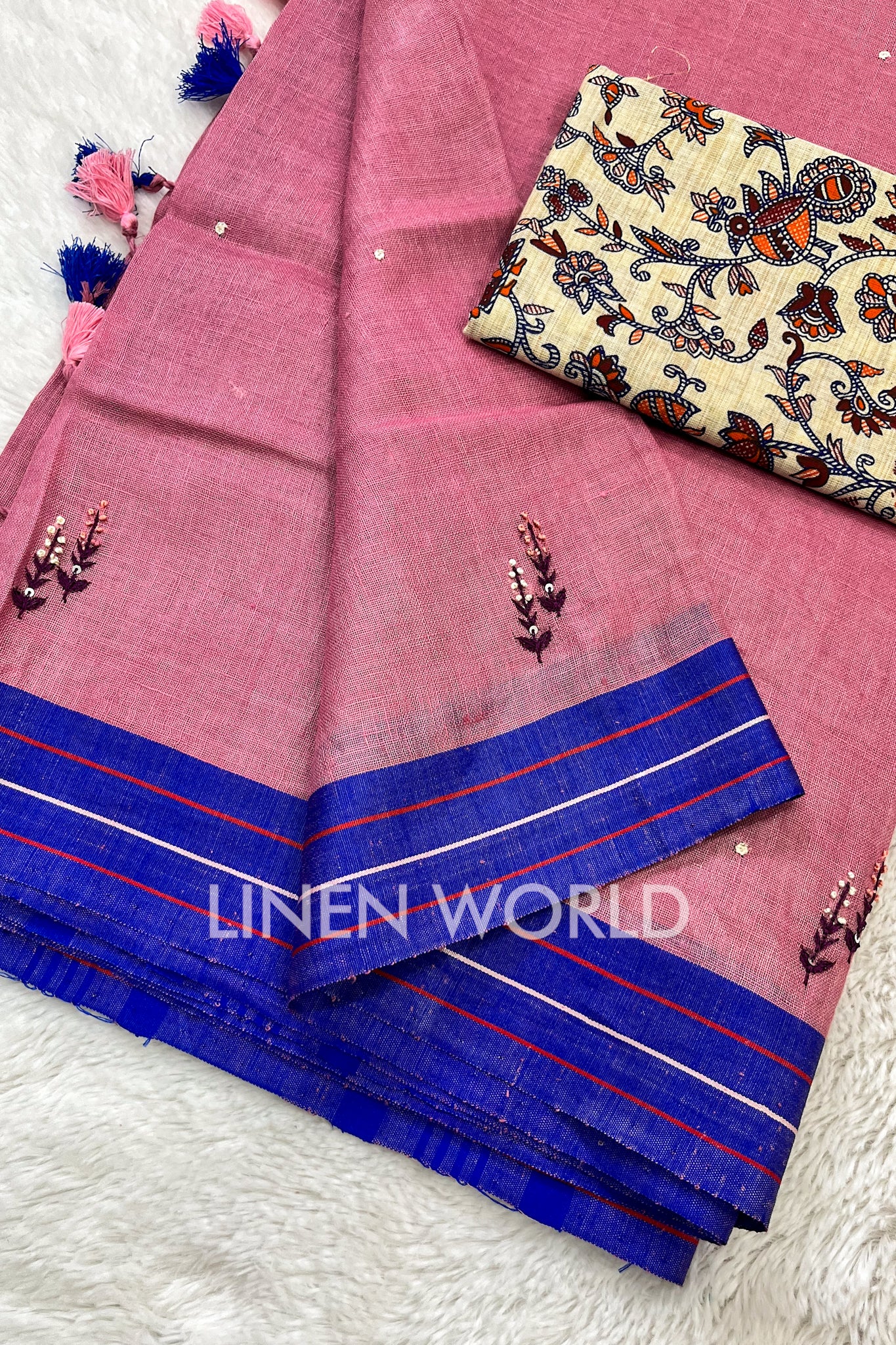 aafreen: french knot embroidered pink linen saree - linenworldonline.in