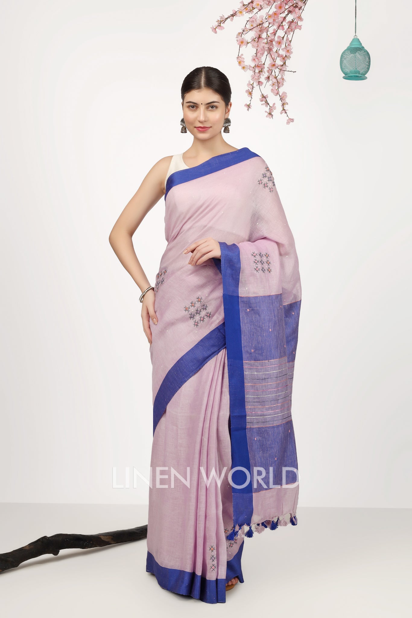 inaya - french knot pink pure linen sari - linenworldonline.in