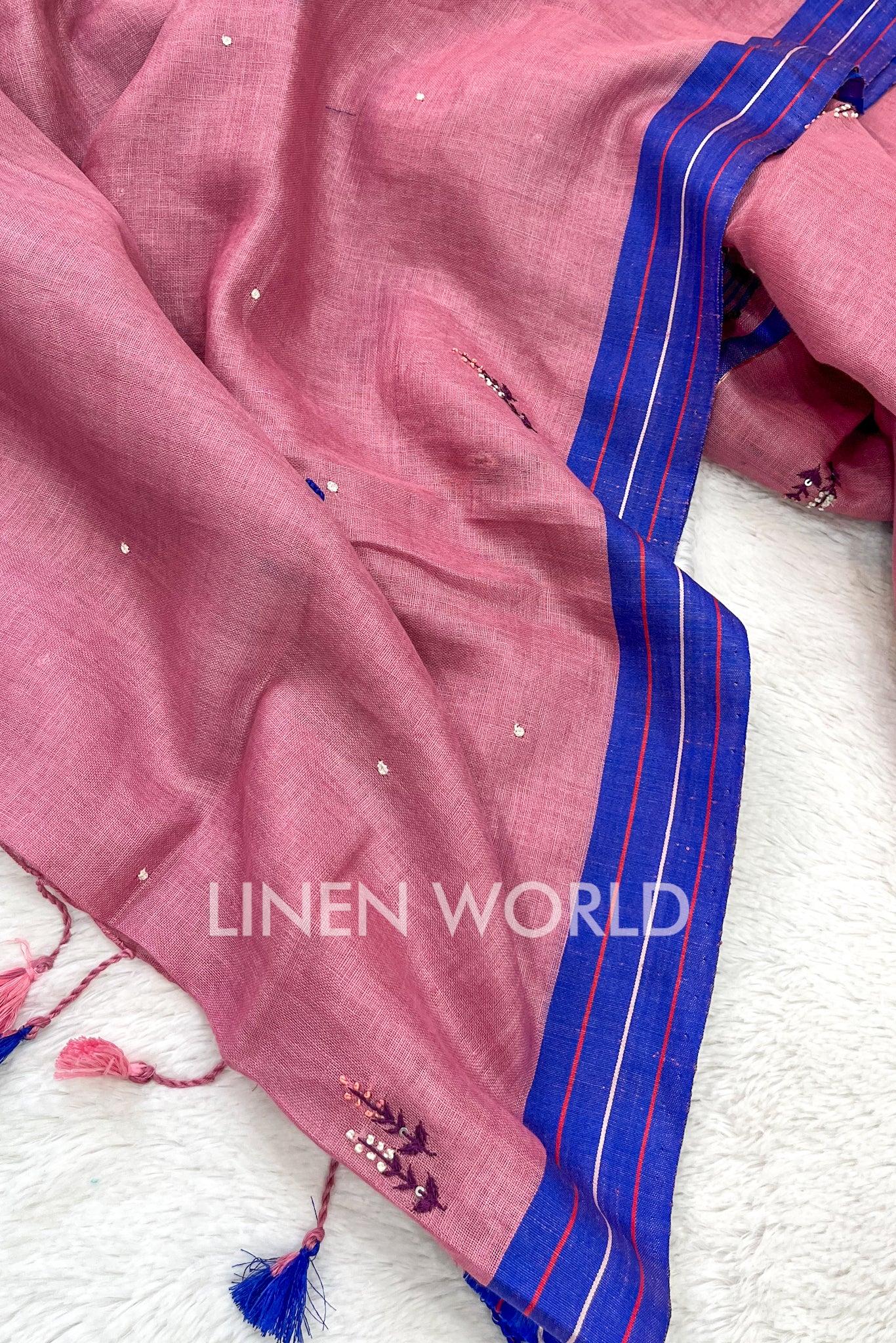 aafreen: french knot embroidered pink linen saree - linenworldonline.in