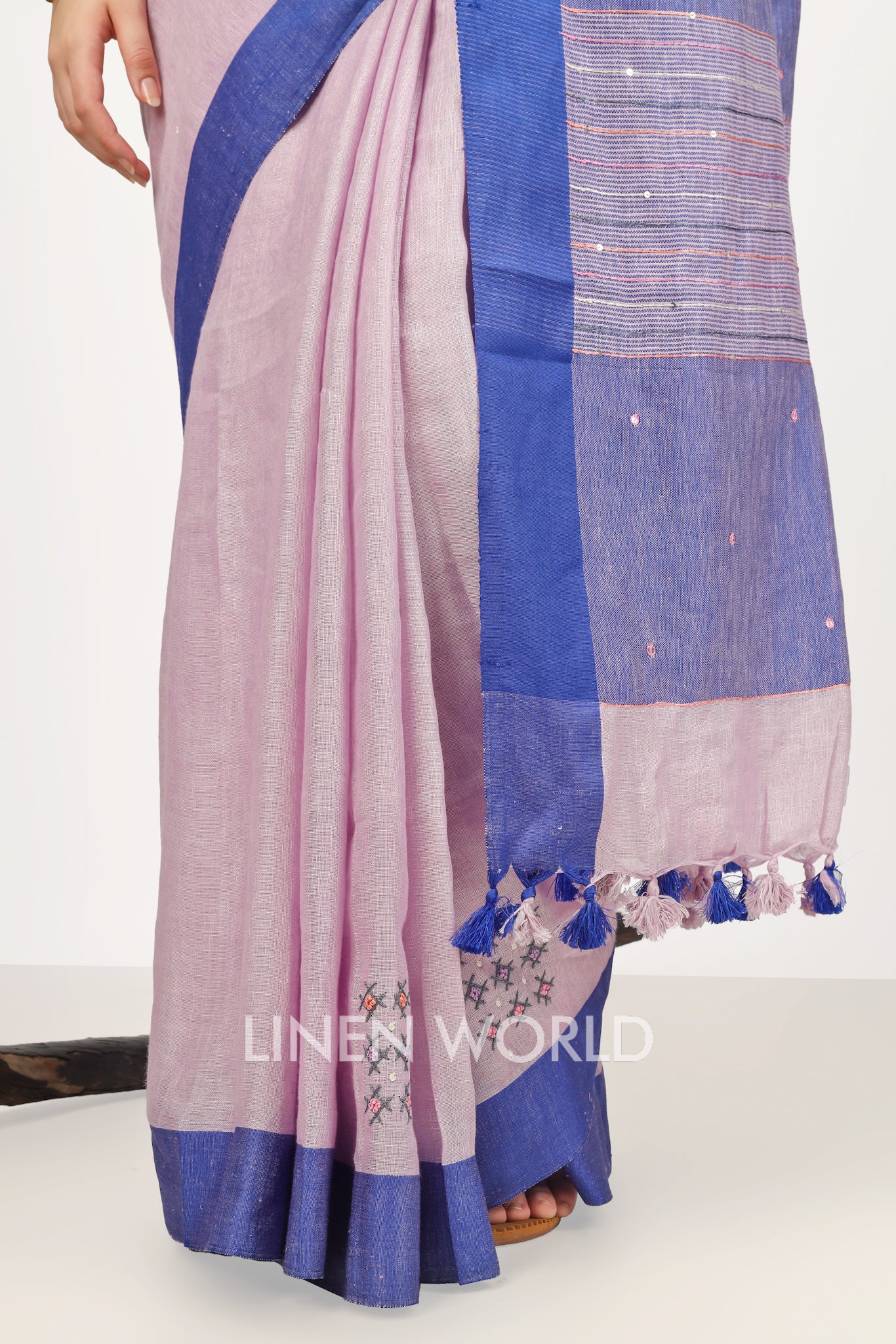 inaya - french knot pink pure linen sari - linenworldonline.in