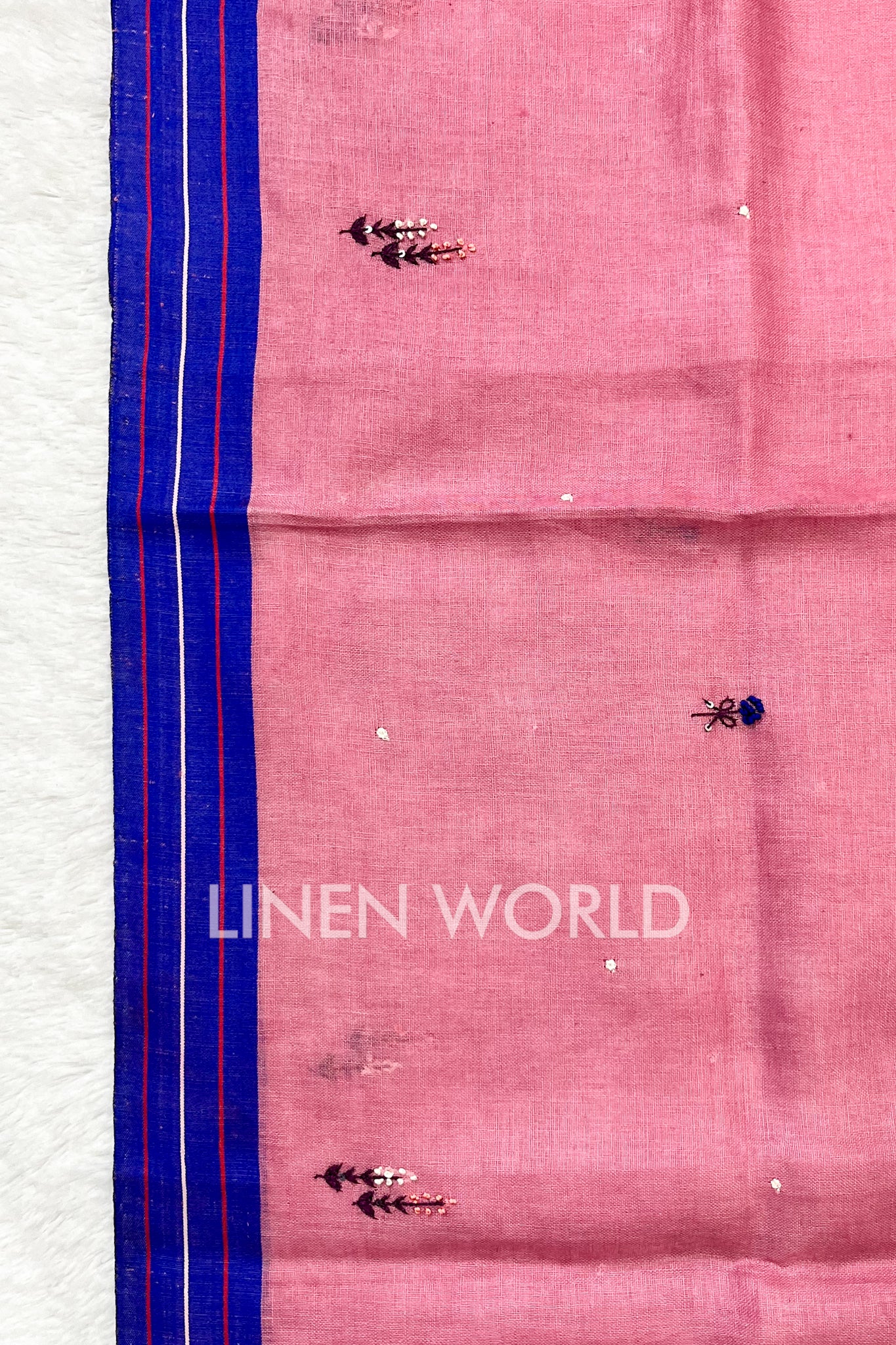 aafreen: french knot embroidered pink linen saree - linenworldonline.in