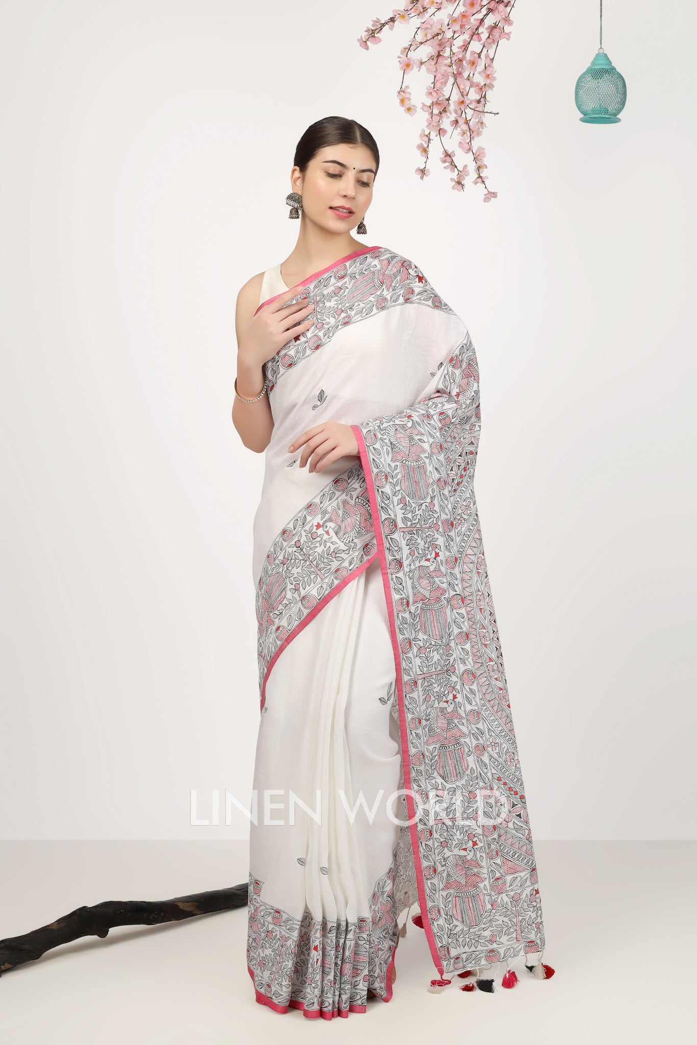 leela - madhubani hand painted pure linen sari - linenworldonline.in