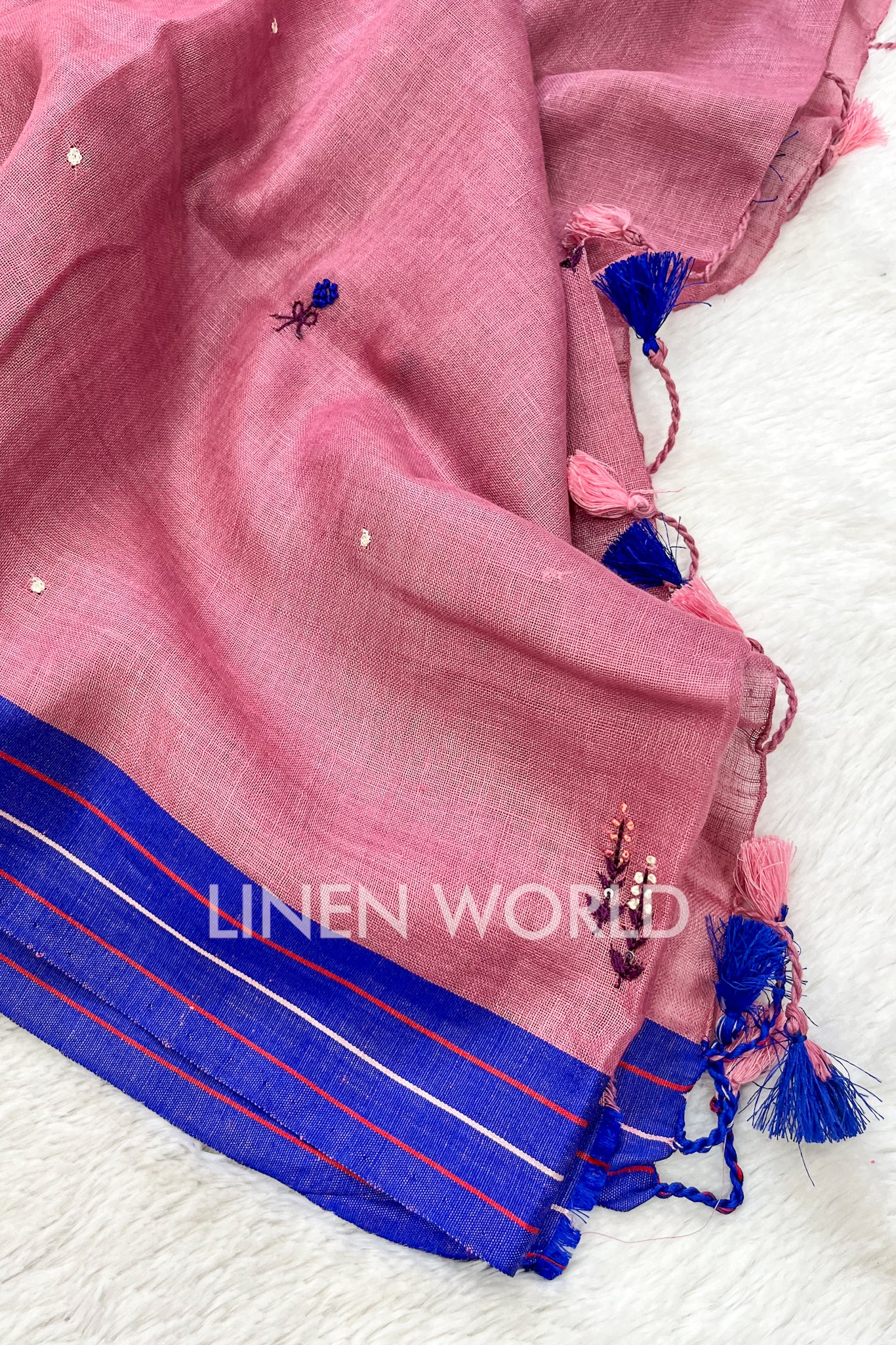 aafreen: french knot embroidered pink linen saree - linenworldonline.in