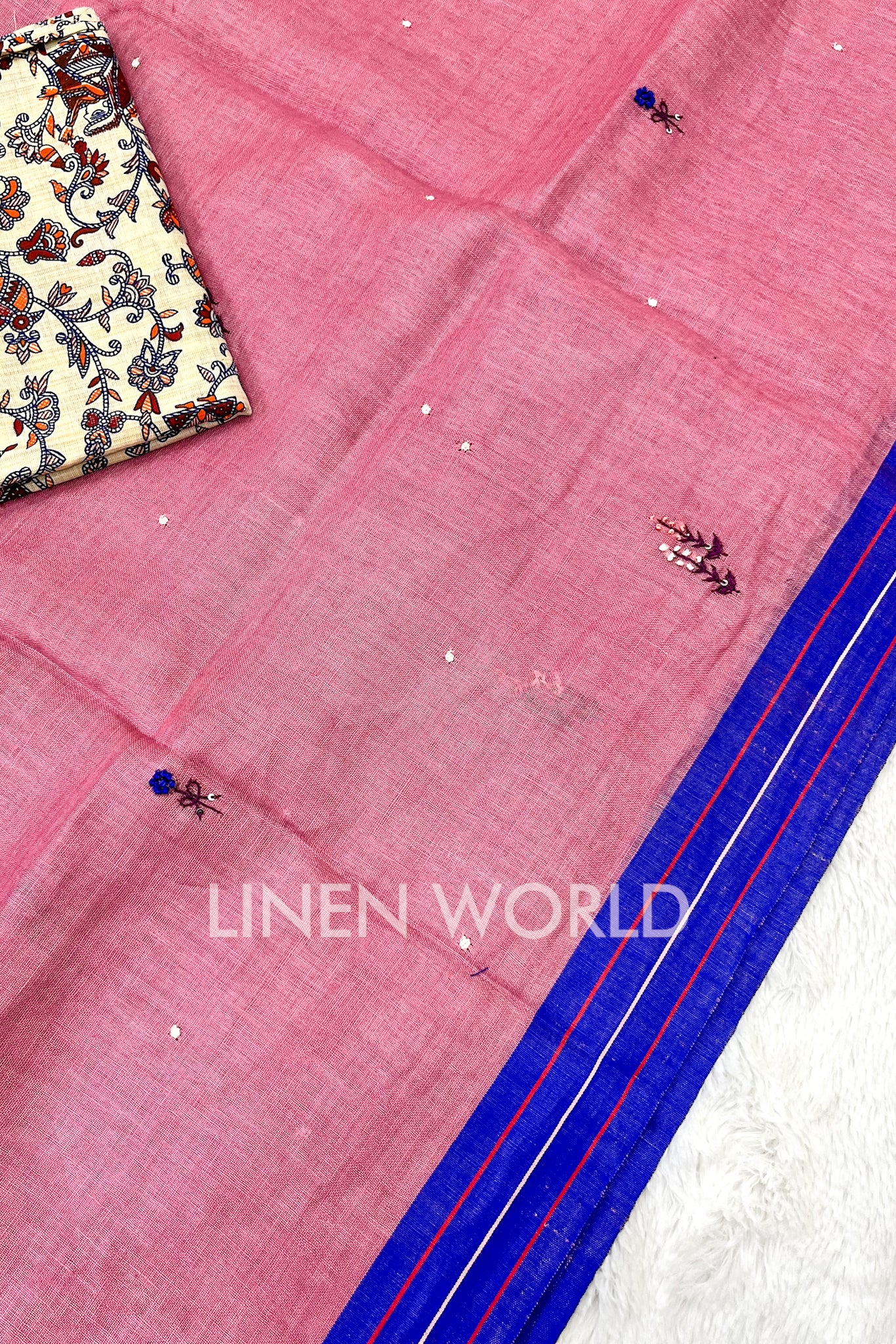 aafreen: french knot embroidered pink linen saree - linenworldonline.in