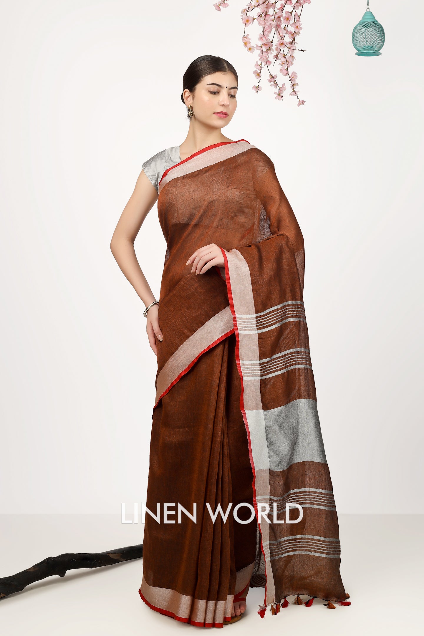 dhara - brown organic pure linen saree - linenworldonline.in