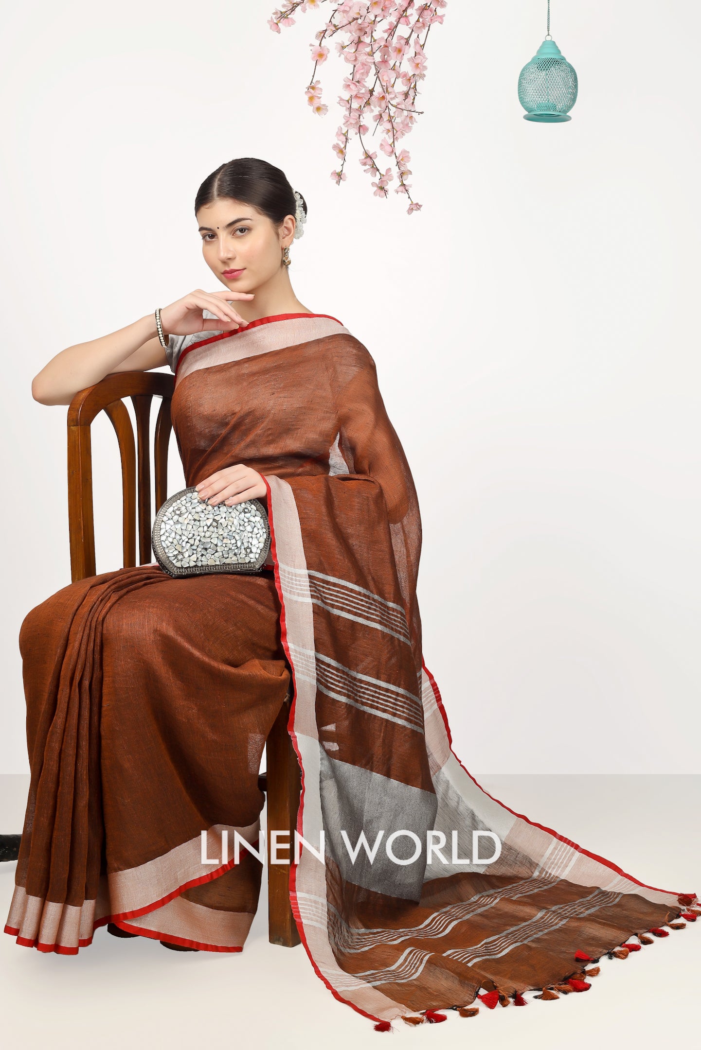 dhara - brown organic pure linen saree - linenworldonline.in