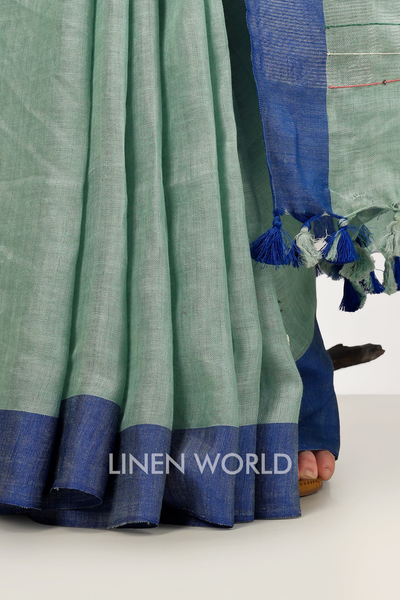 aisha - french knot spanish green pure linen sari - linenworldonline.in