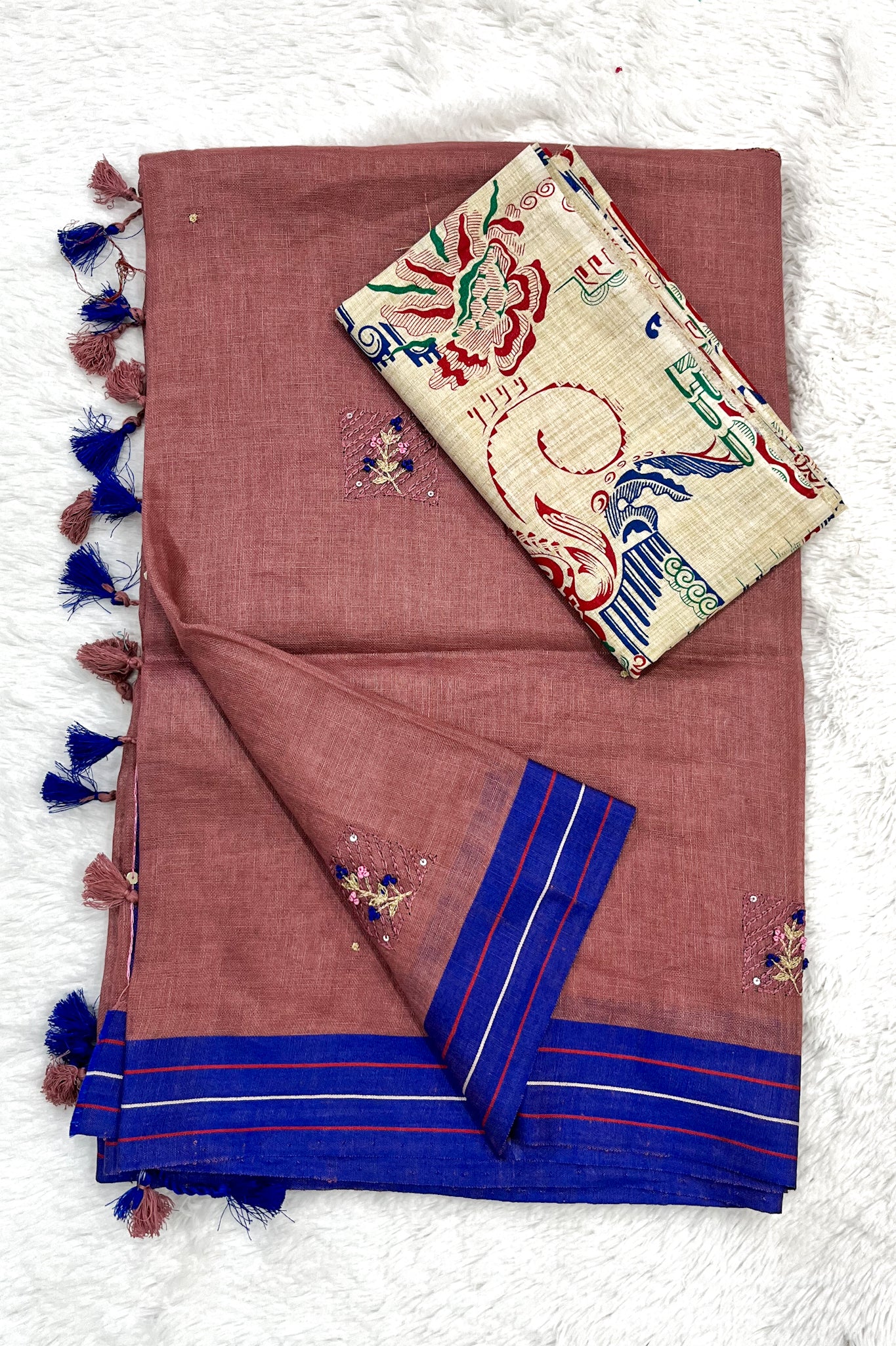 nousheen: brown french knot hand embroidery linen saree - linenworldonline.in