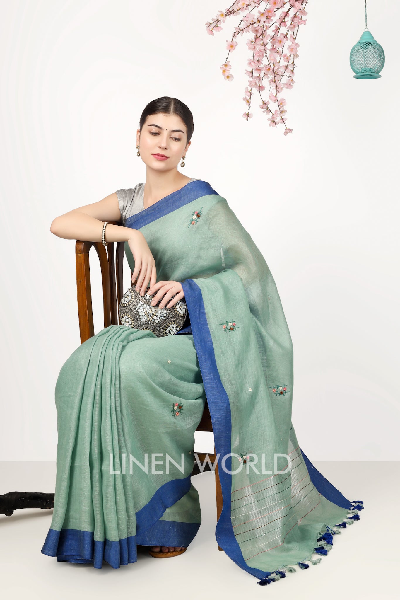 aisha - french knot spanish green pure linen sari - linenworldonline.in