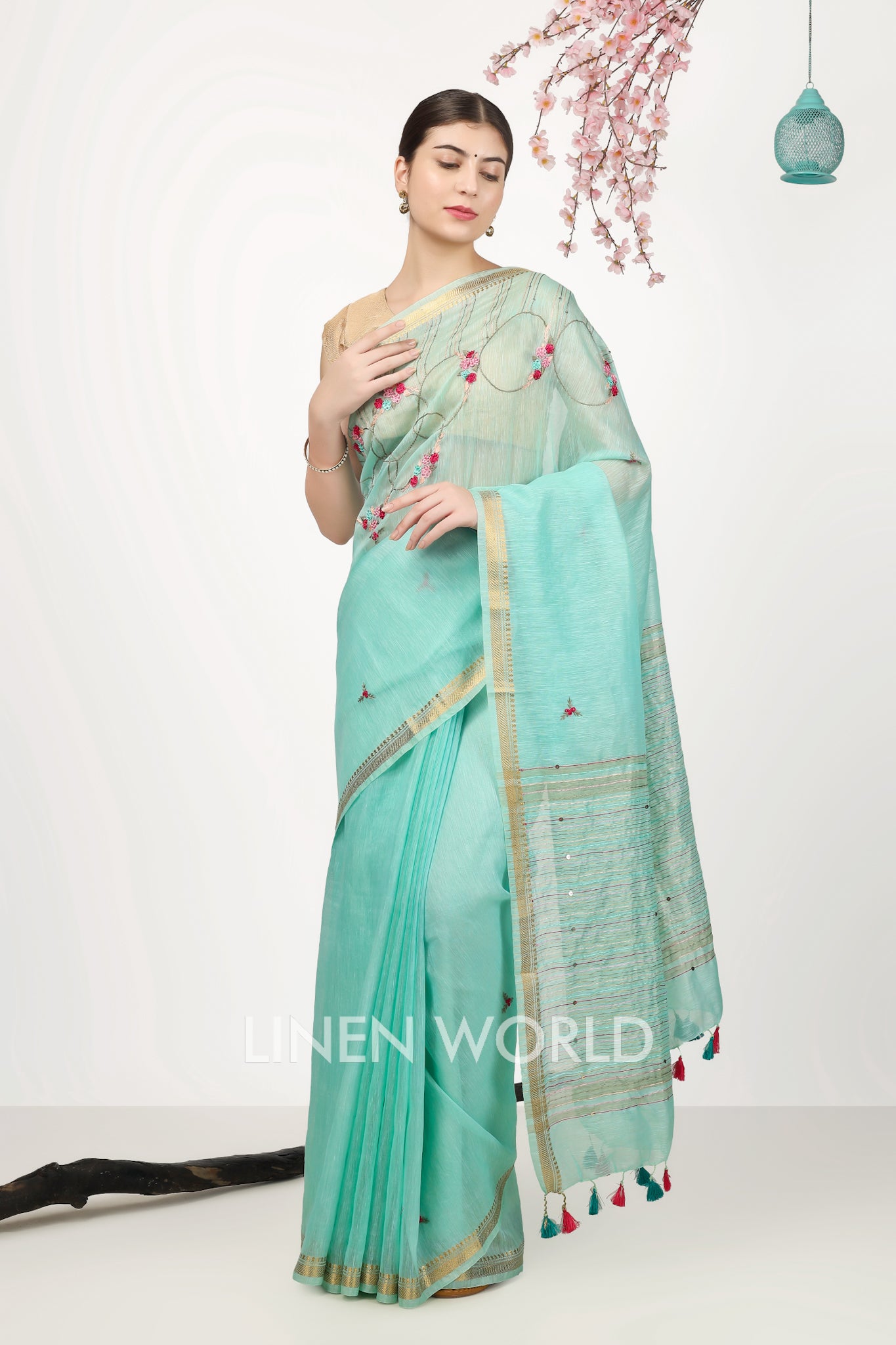 sara - french knot turquoise silk linen sari - linenworldonline.in
