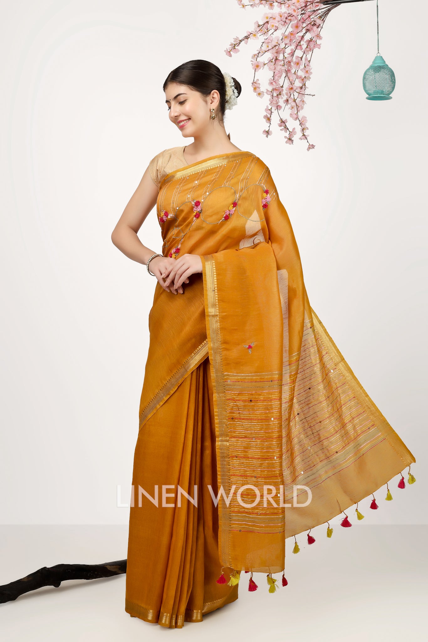 nida - french knot dull orange silk linen sari - linenworldonline.in