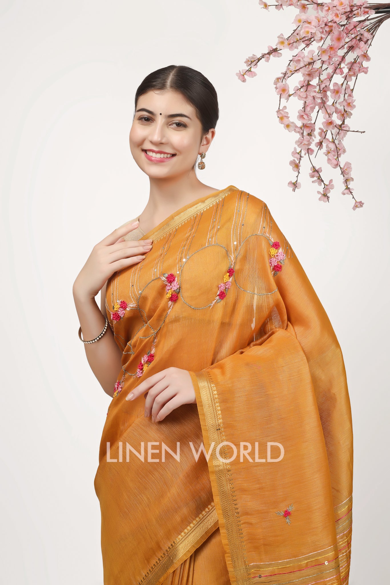 nida - french knot dull orange silk linen sari - linenworldonline.in