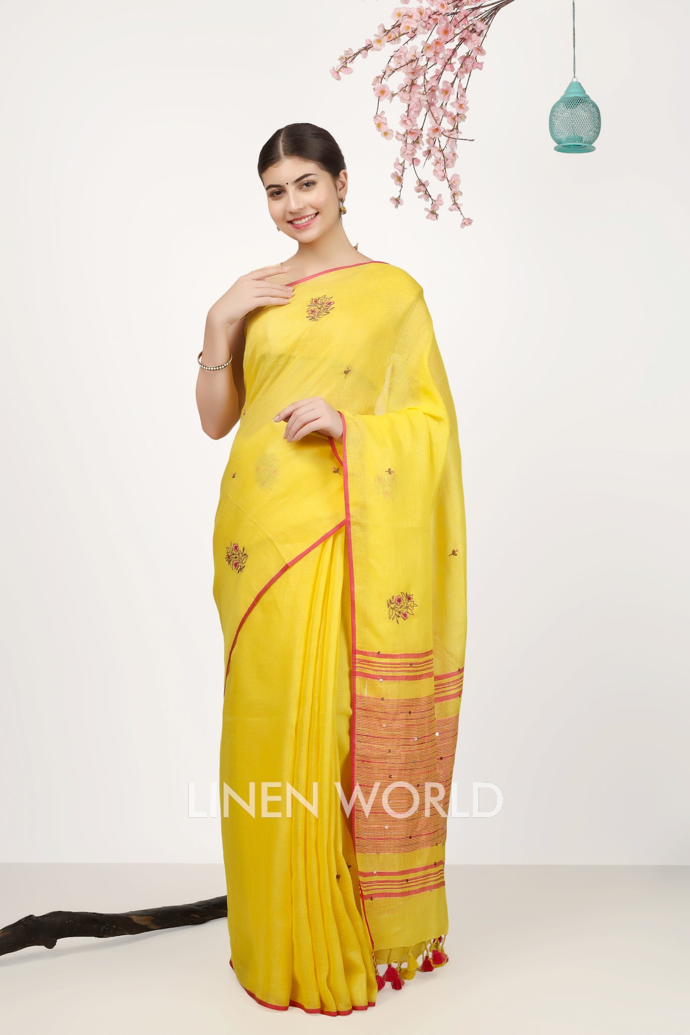 Ishanvi - french knot hand embroidered pure linen sari - linenworldonline.in