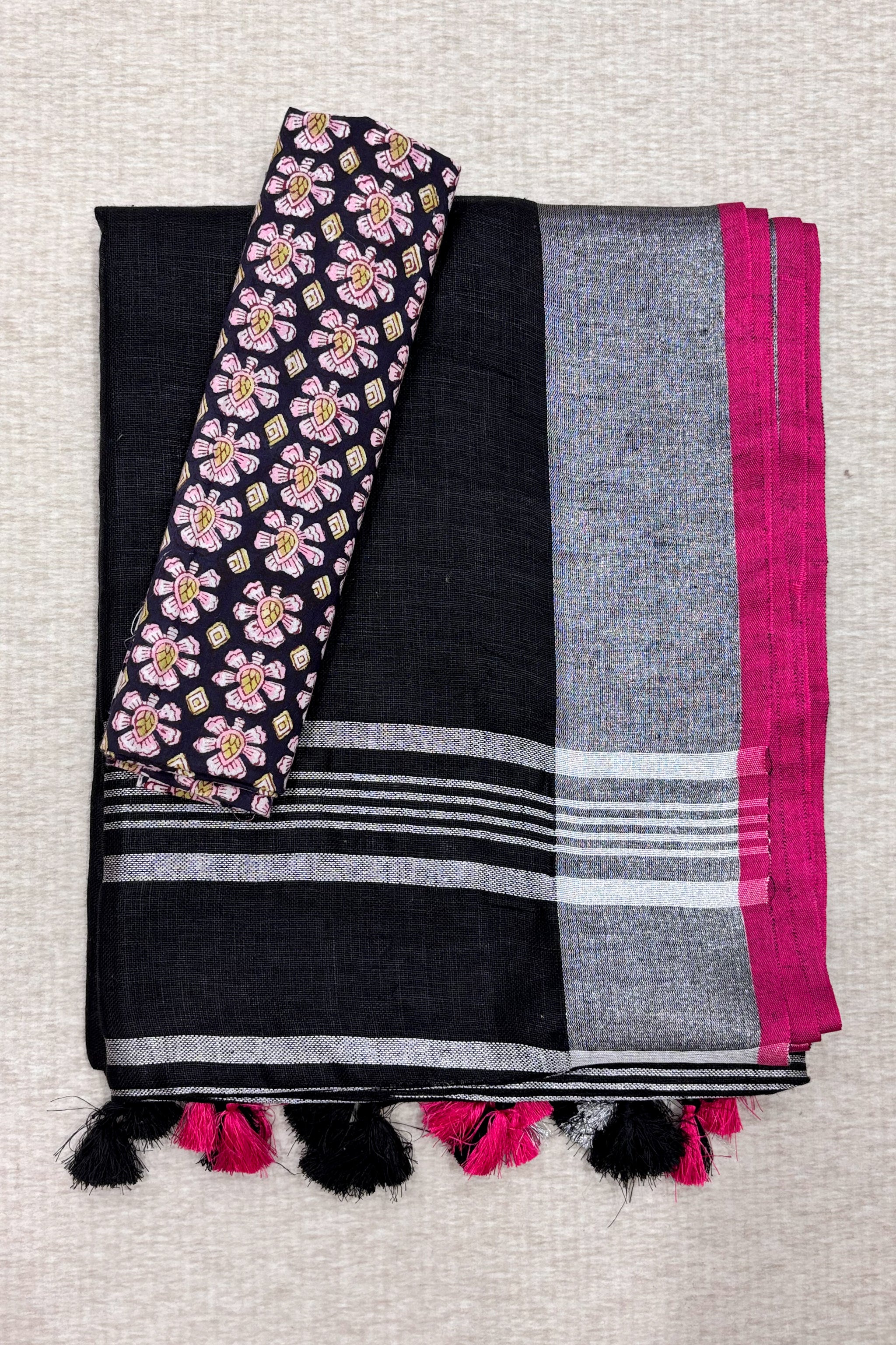 jet black organic pure linen saree with cotton printed blouse piece - linenworldonline.in