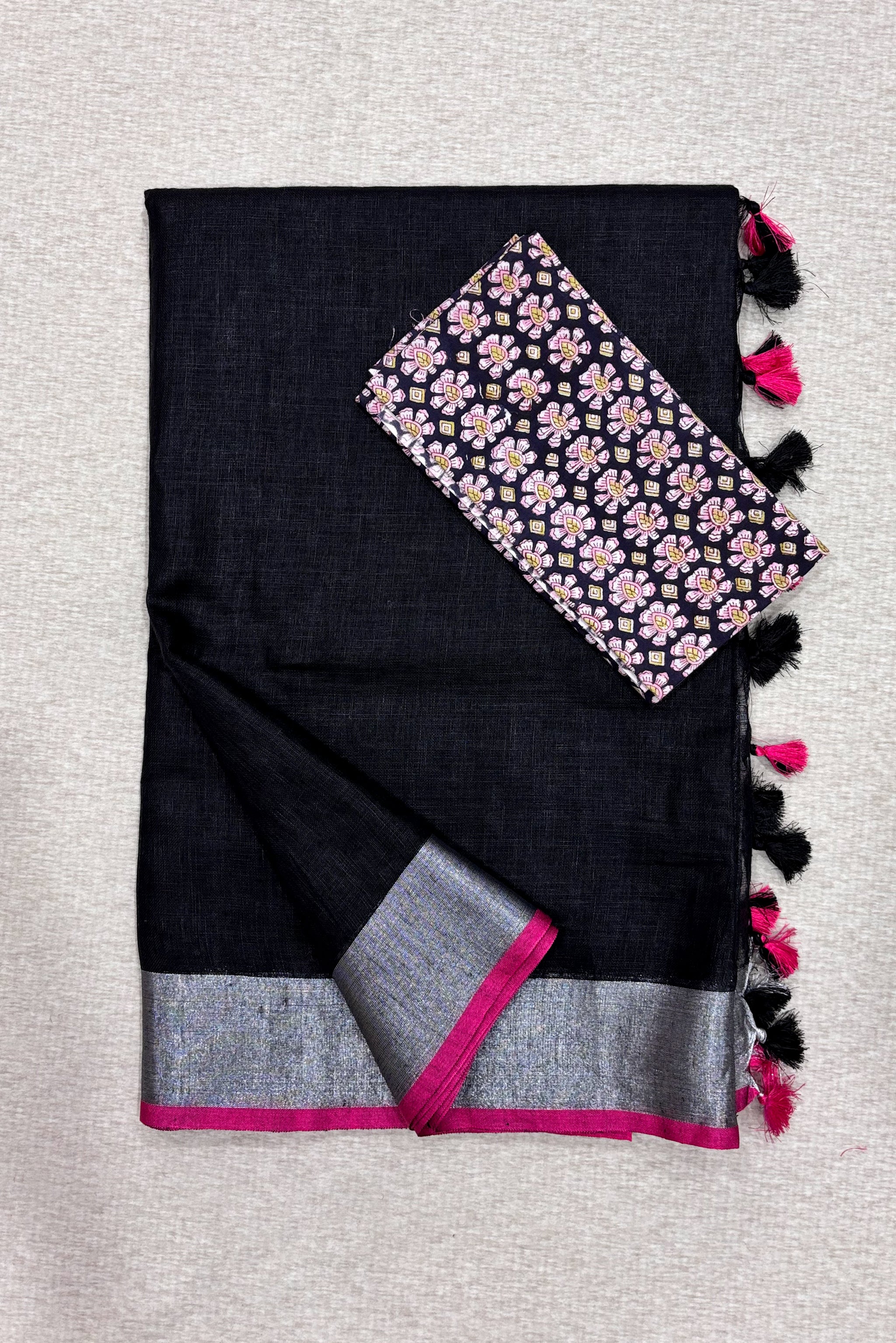 jet black organic pure linen saree with pink edge and cotton printed blouse piece - linenworldonline.in