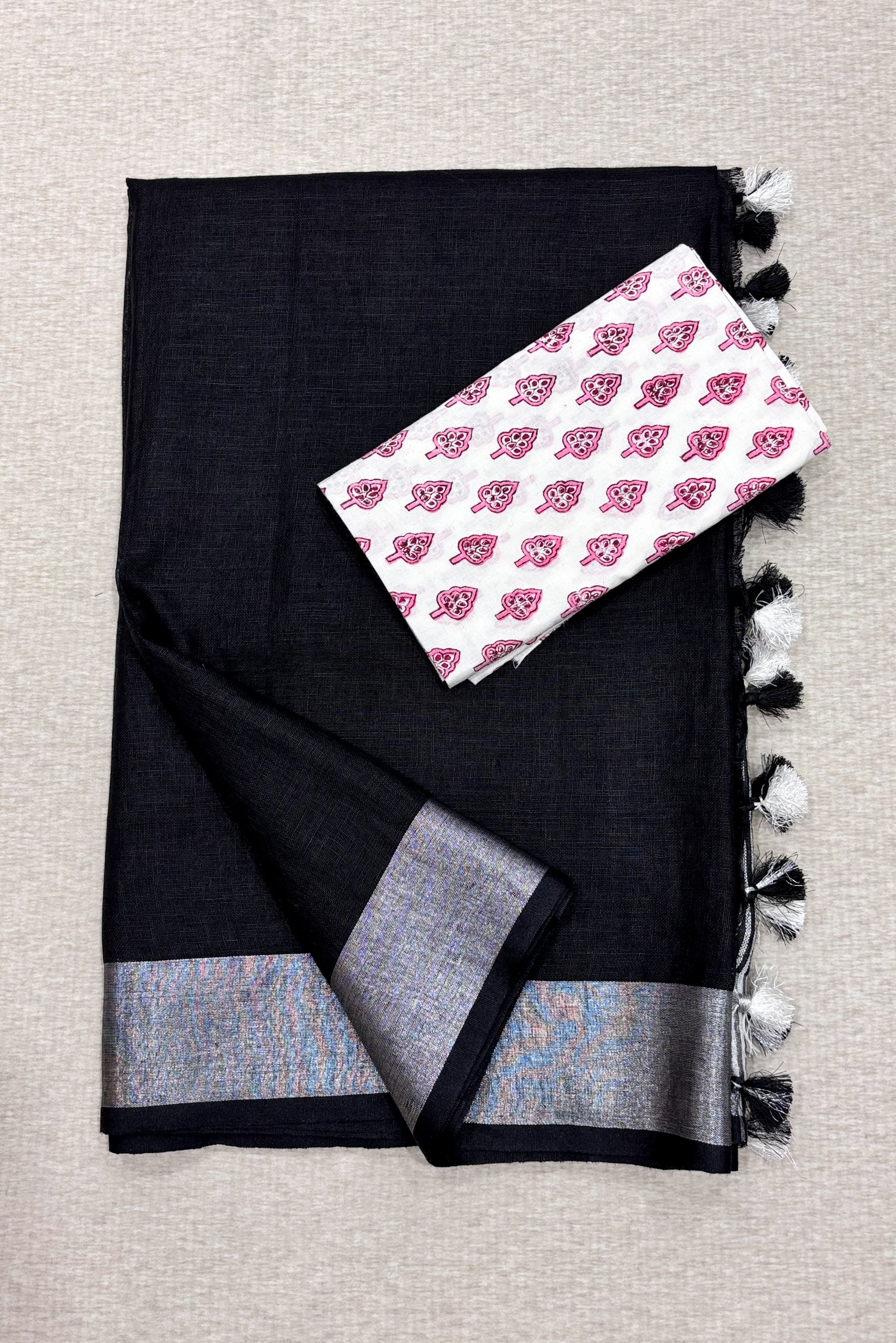 jet black organic pure linen saree with cotton block printed blouse piece - linenworldonline.in