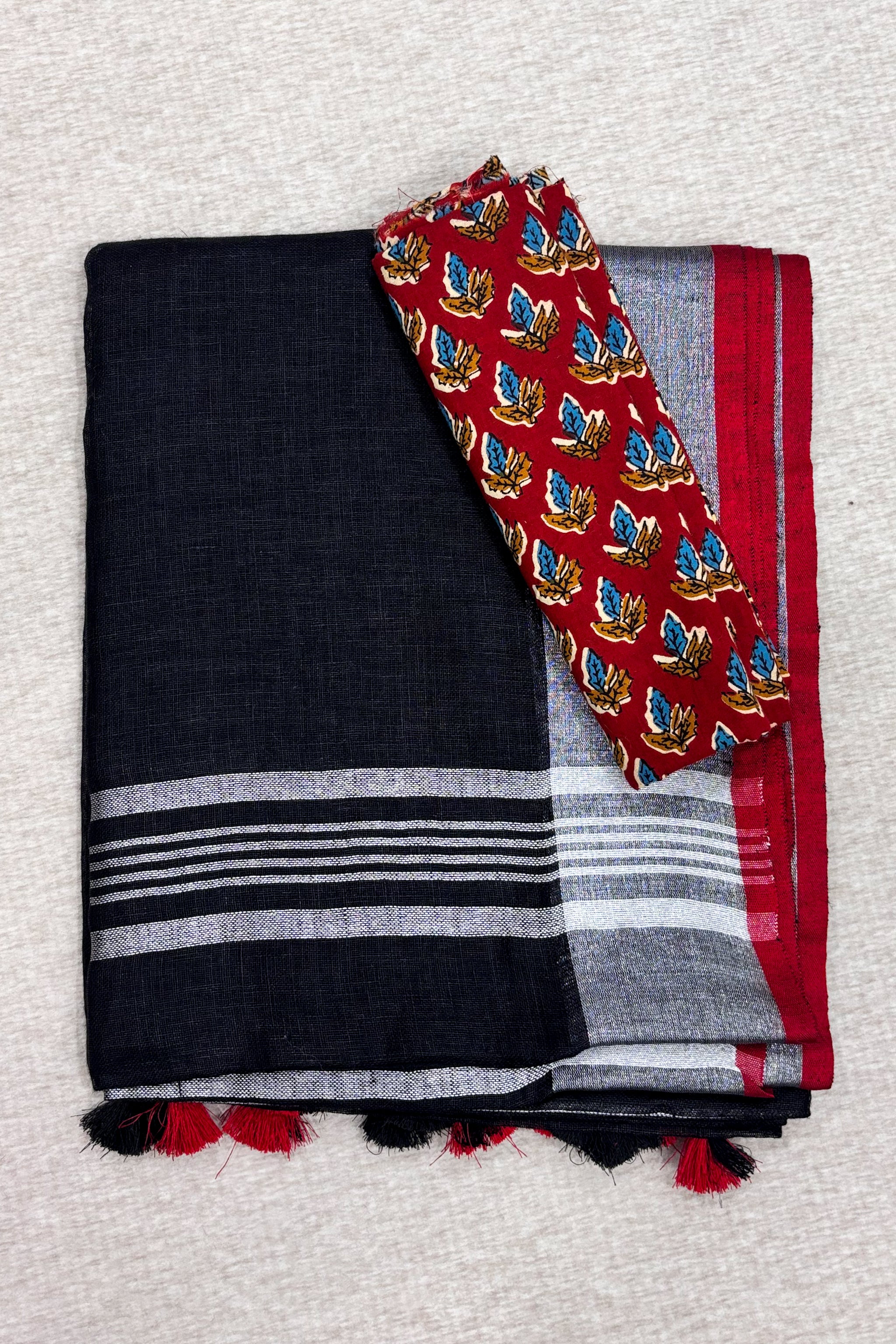 jet black organic pure linen saree with cotton printed blouse piece - linenworldonline.in