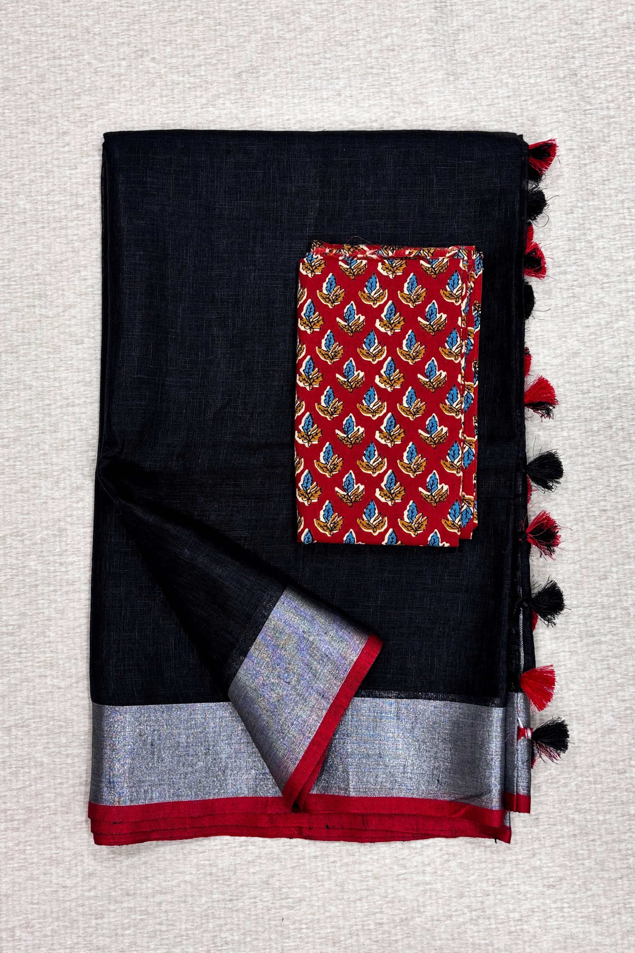 jet black organic pure linen saree with cotton printed blouse piece - linenworldonline.in