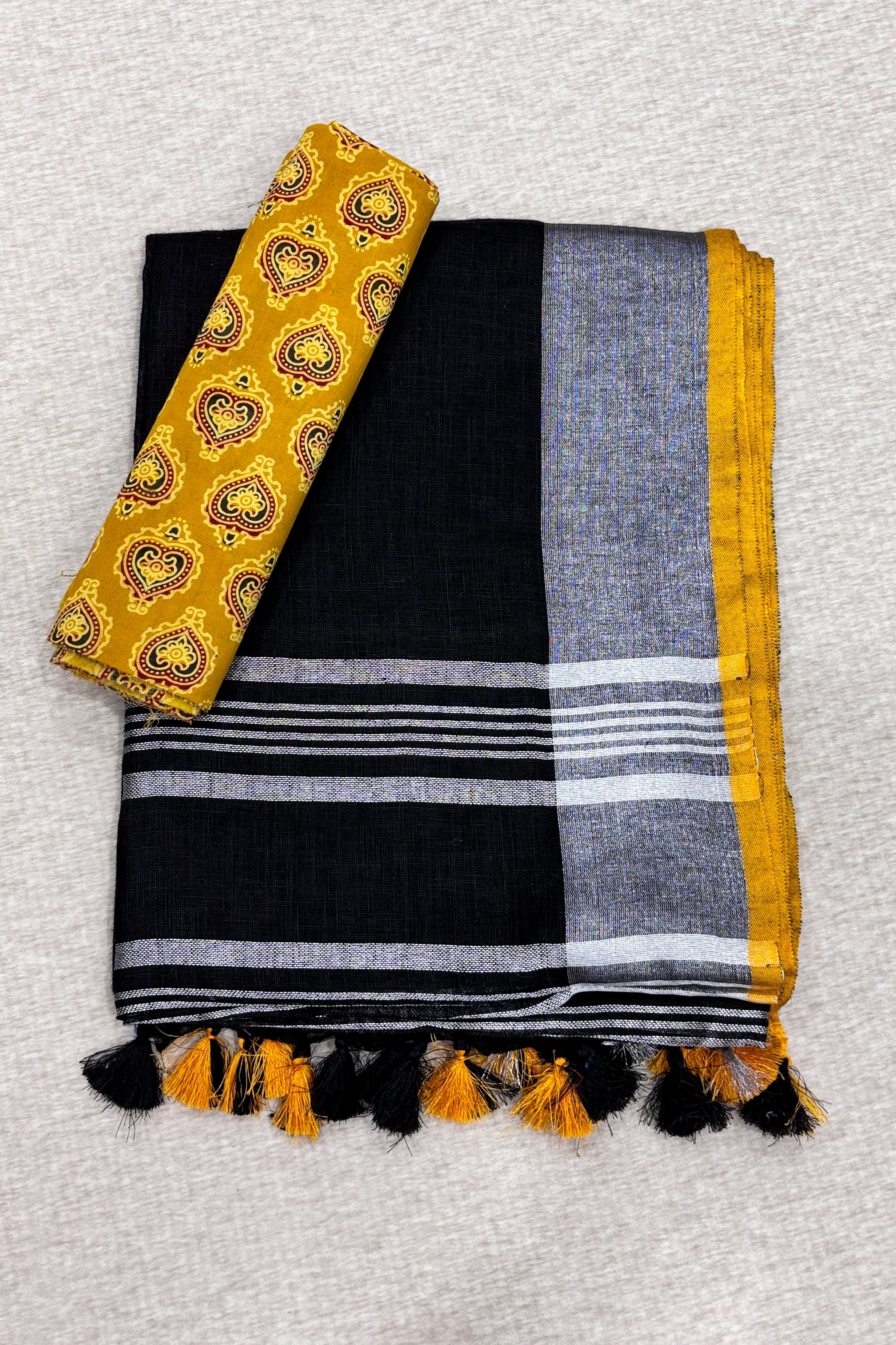 jet black organic pure linen saree with cotton printed blouse piece - linenworldonline.in