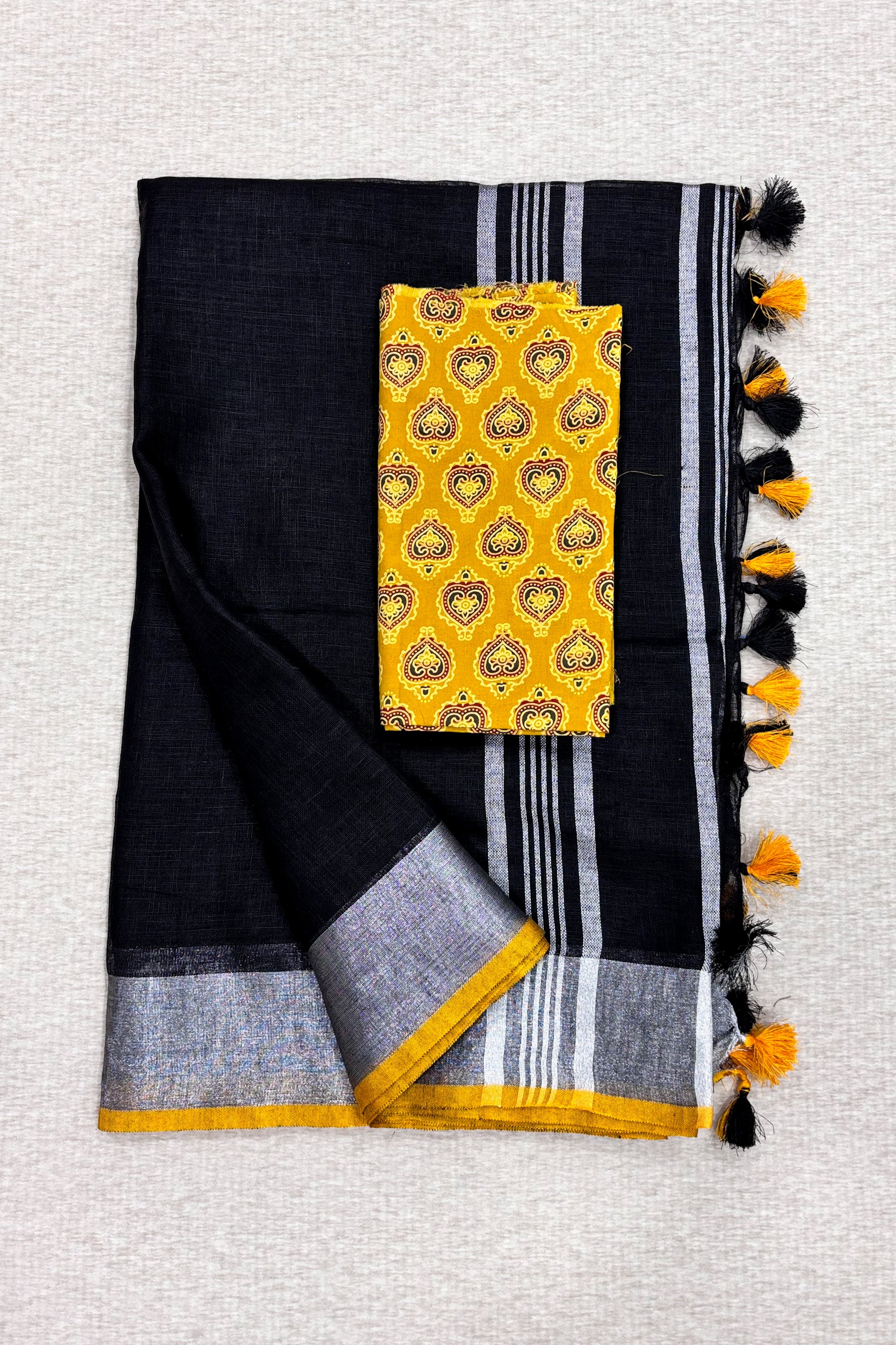 jet black organic pure linen saree with cotton printed blouse piece - linenworldonline.in