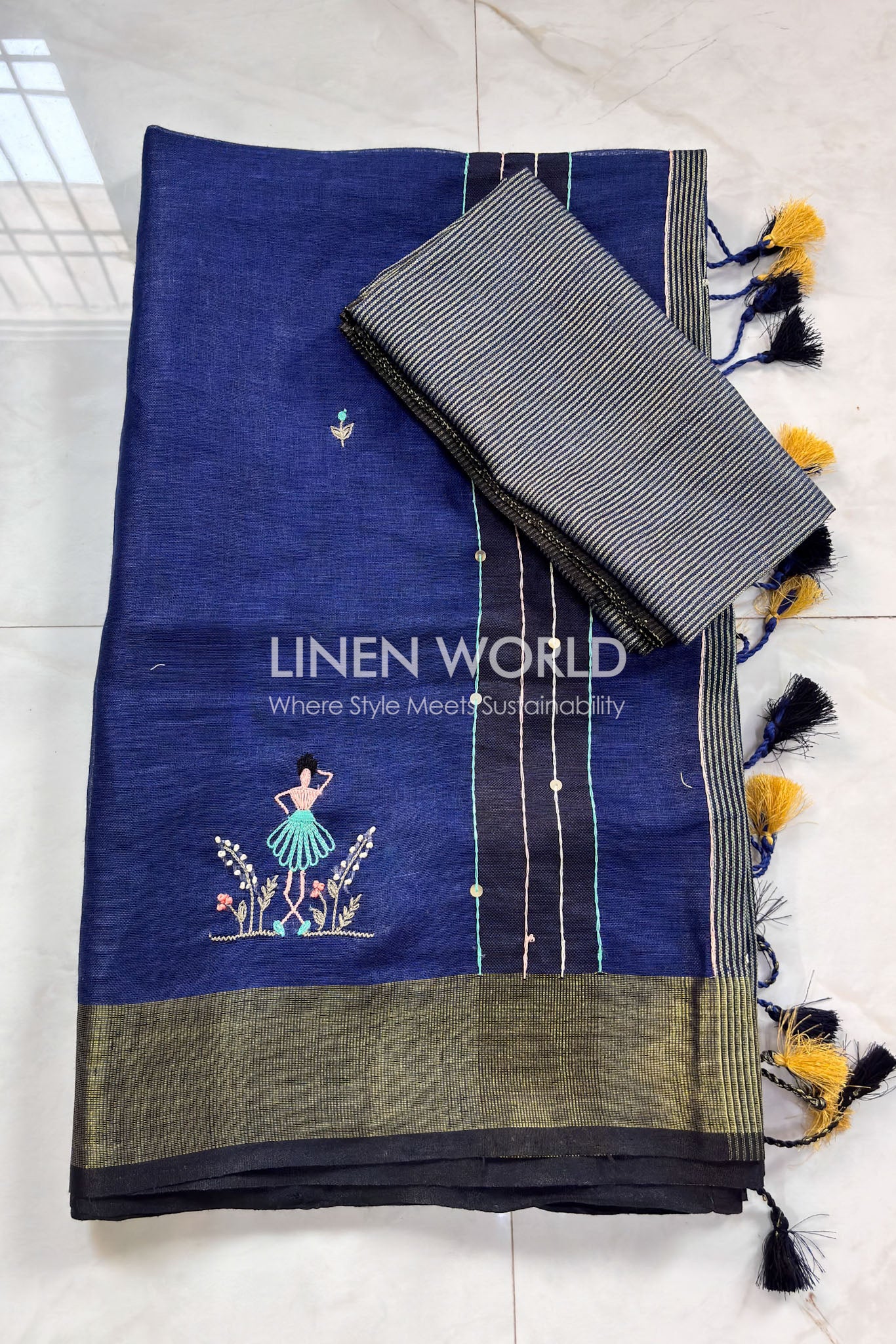 Dancing Blooms - Navy Pure Linen Saree