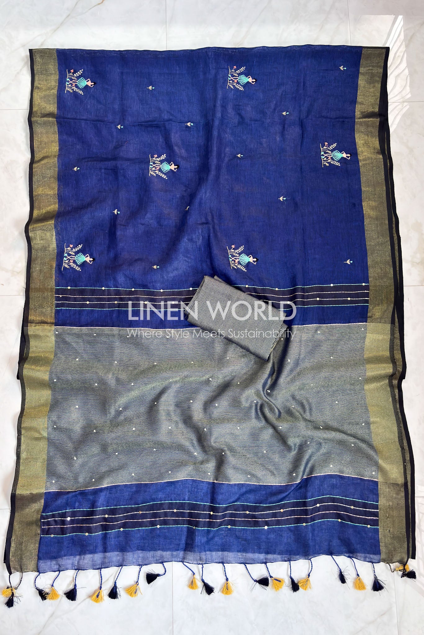 Dancing Blooms - Navy Pure Linen Saree