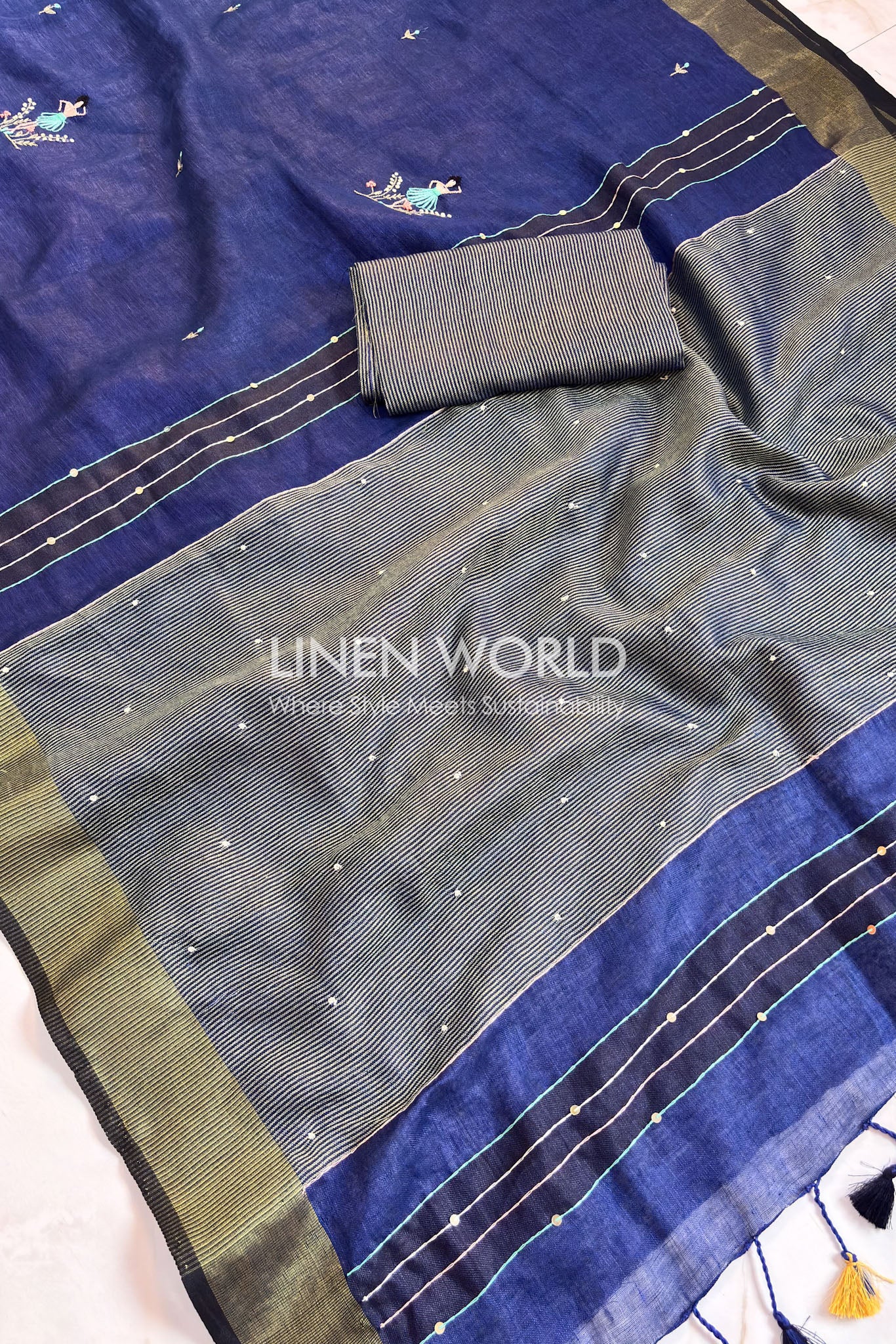 Dancing Blooms - Navy Pure Linen Saree