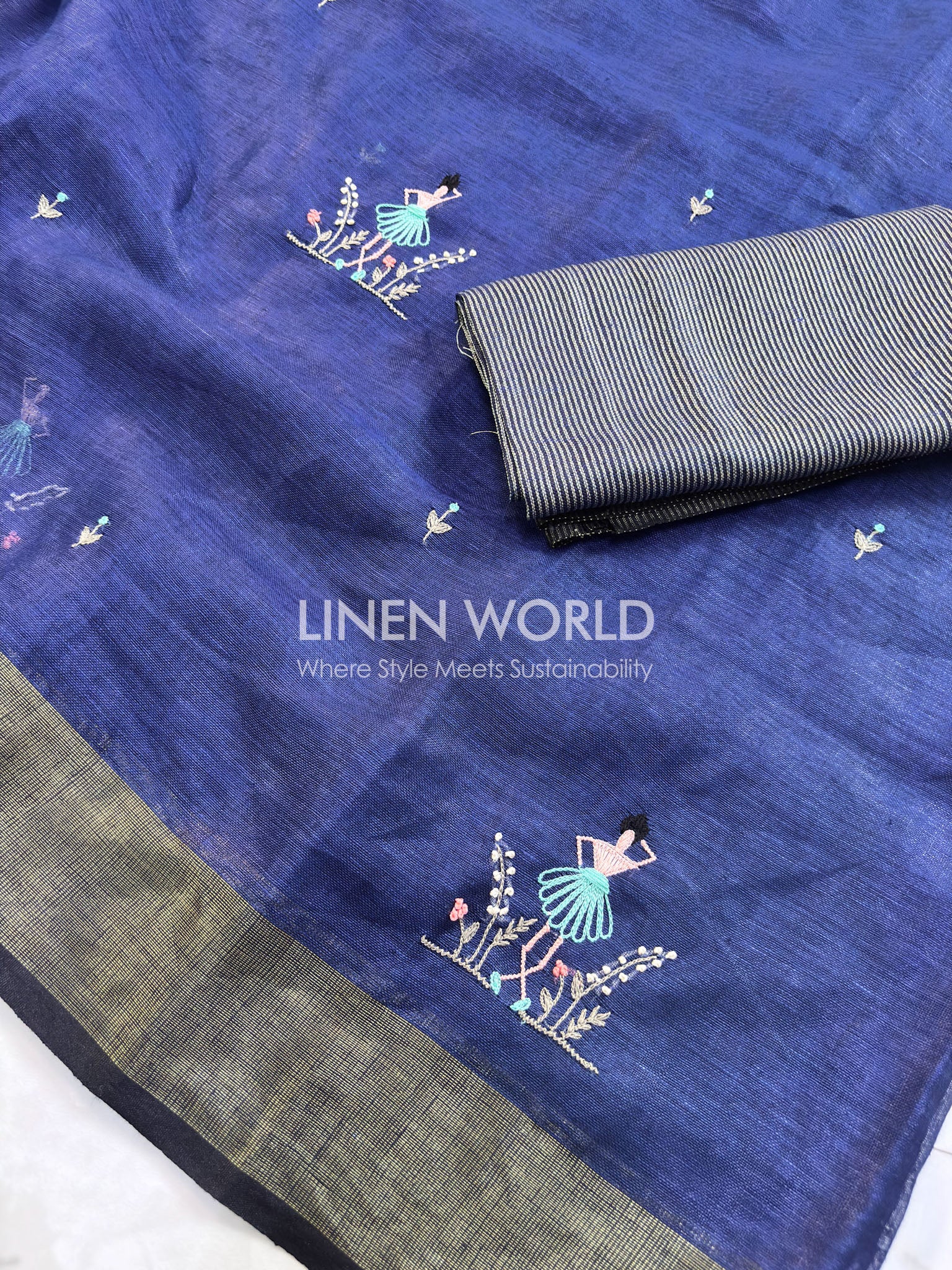 Dancing Blooms - Navy Pure Linen Saree
