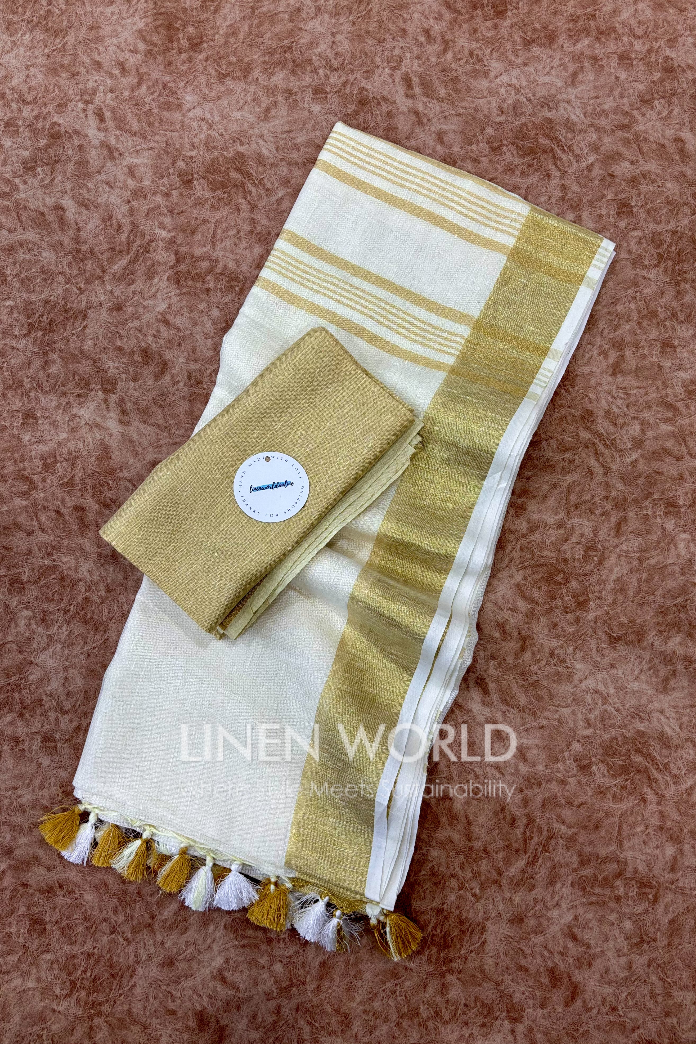 onam special cream linen saree with gold border - linen world