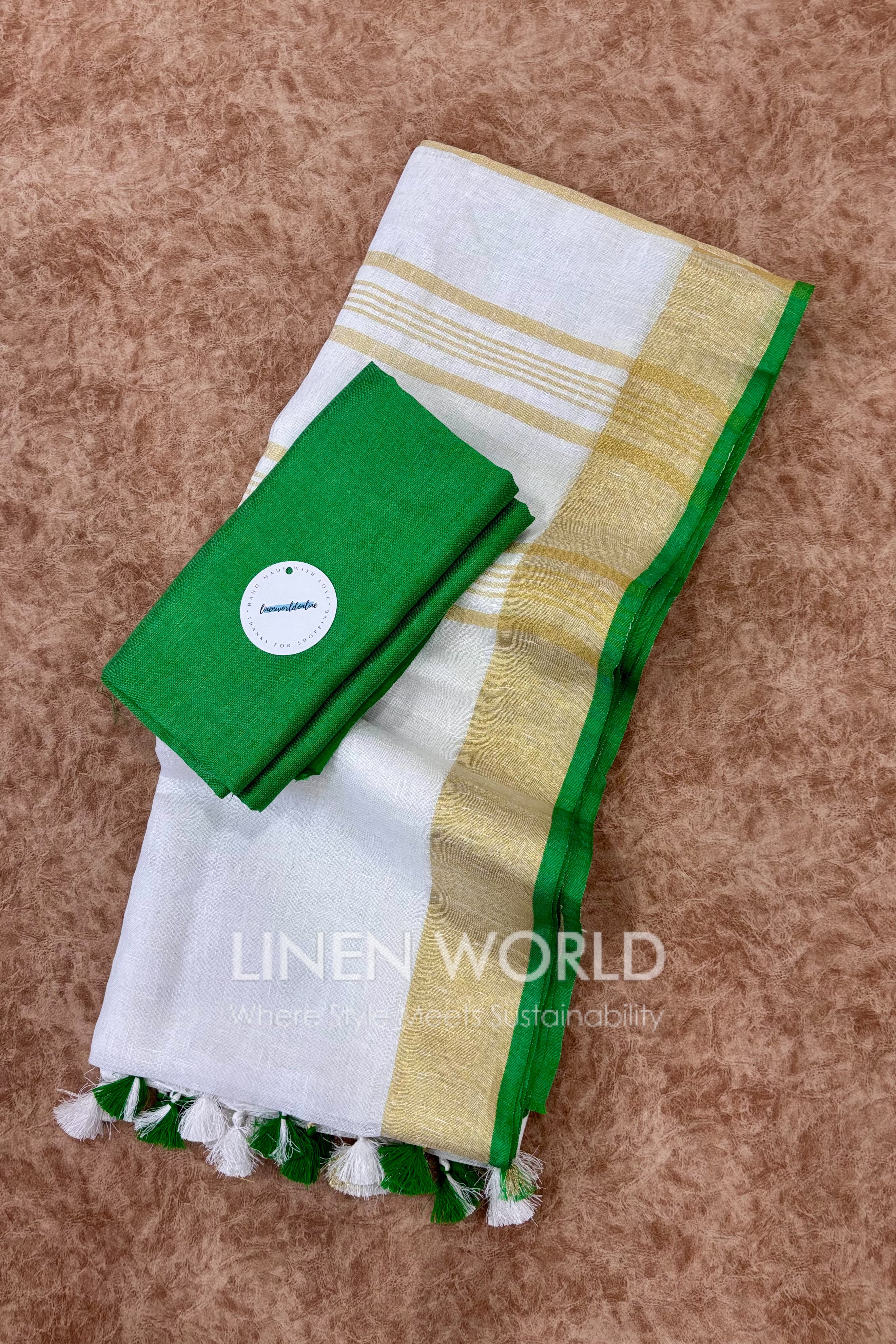white pure linen saree with green border - linen world
