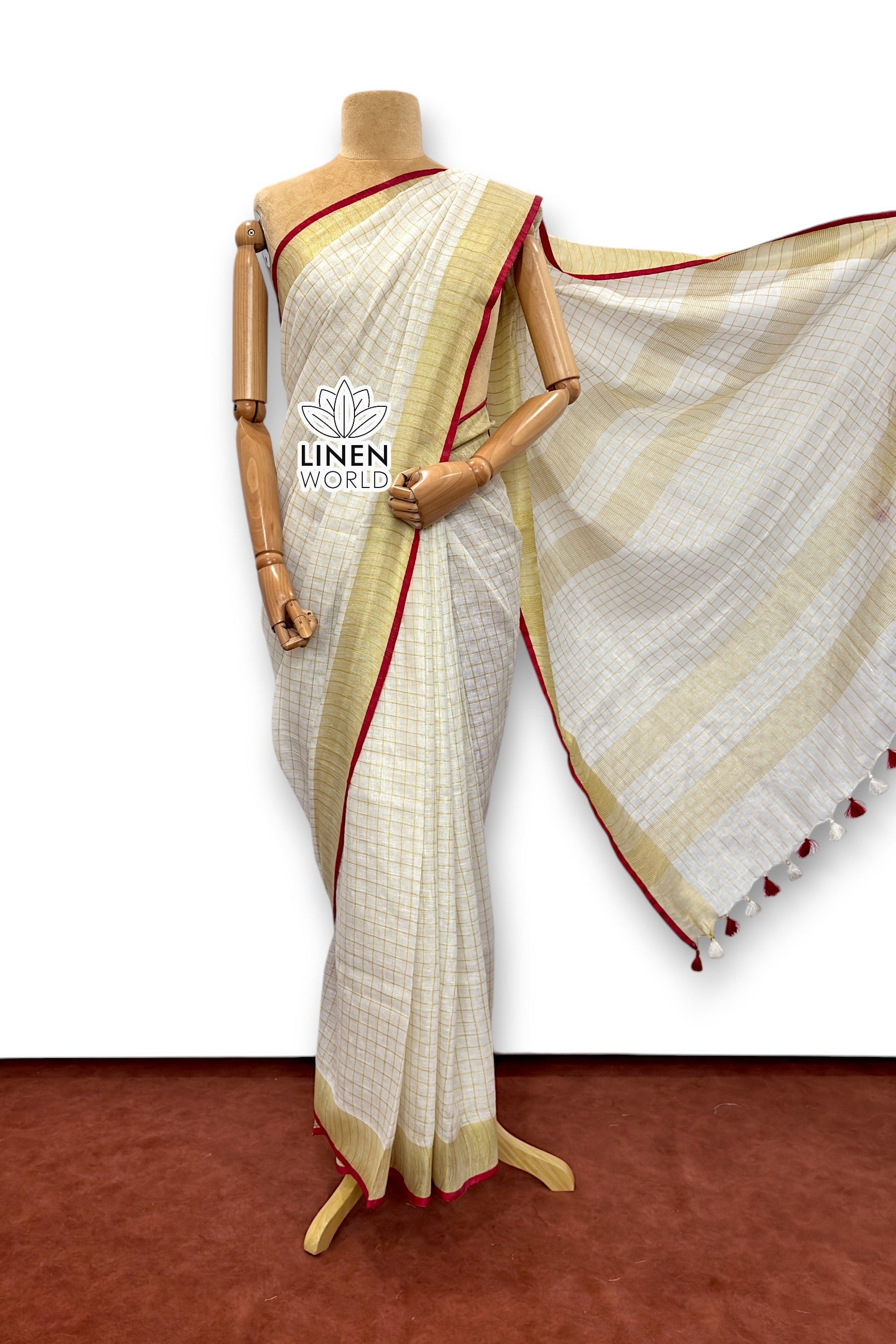 onam special mini check pure linen saree - linen world