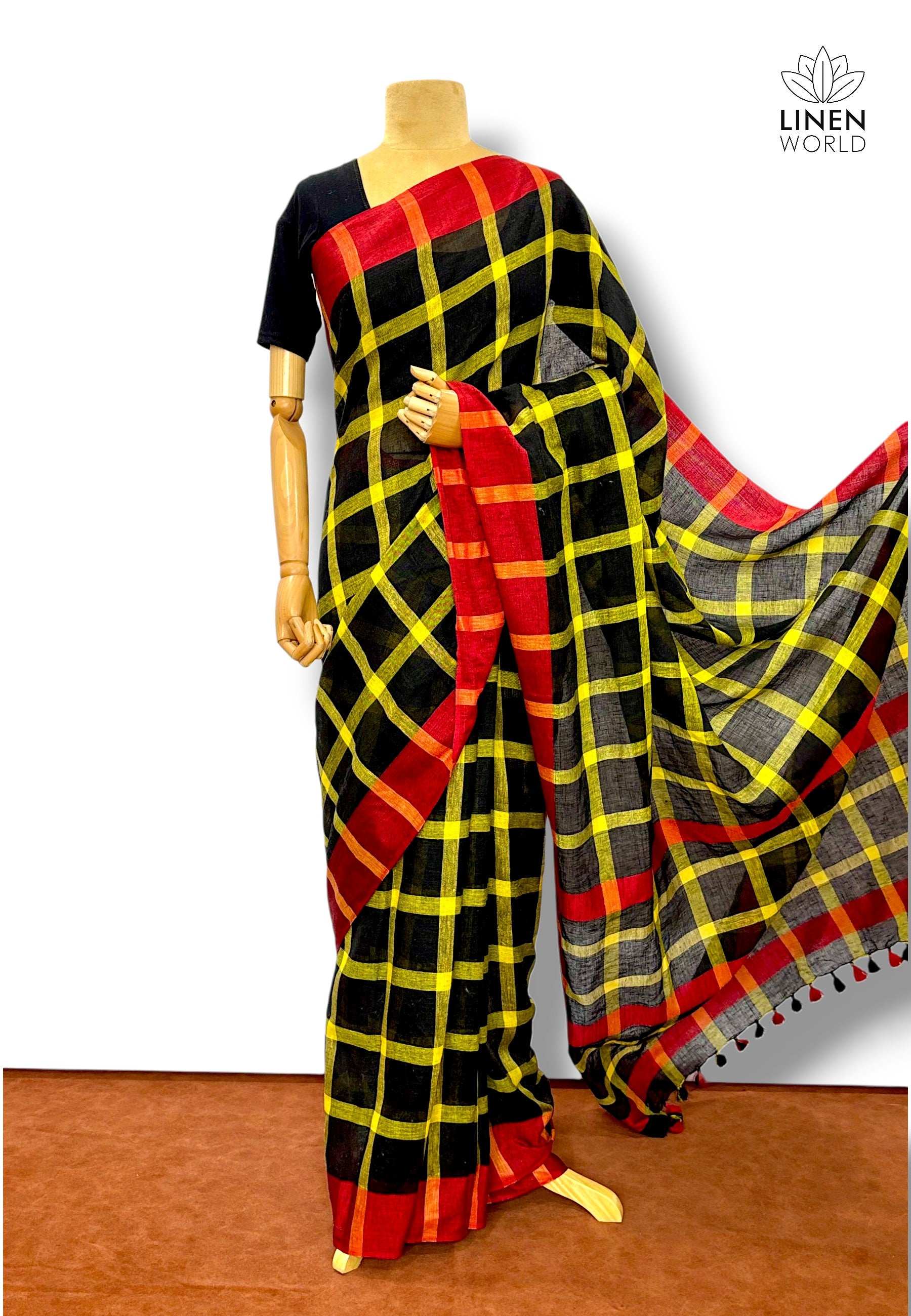 organic pure linen checkered saree - linen world