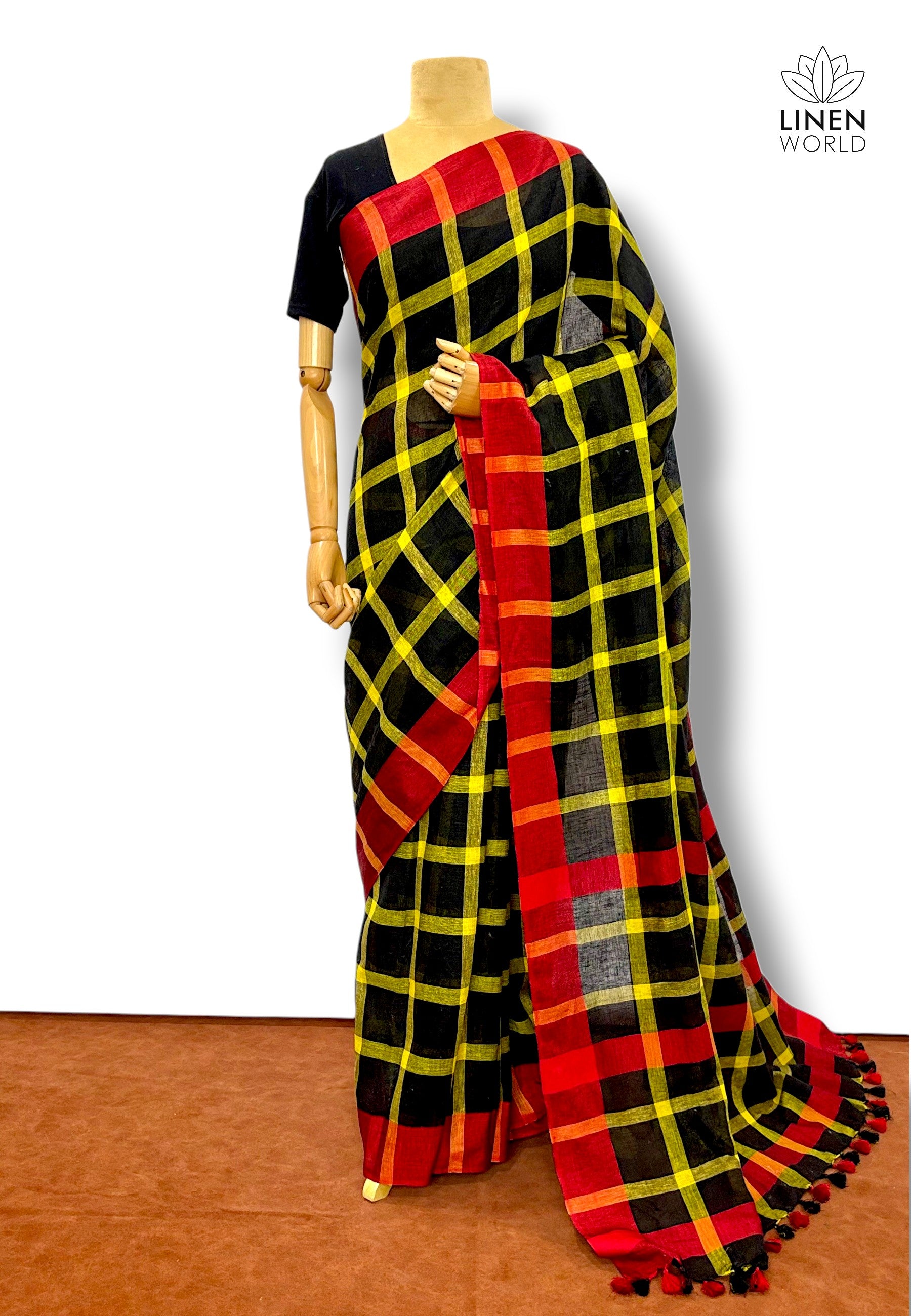 organic pure linen checkered saree - linen world