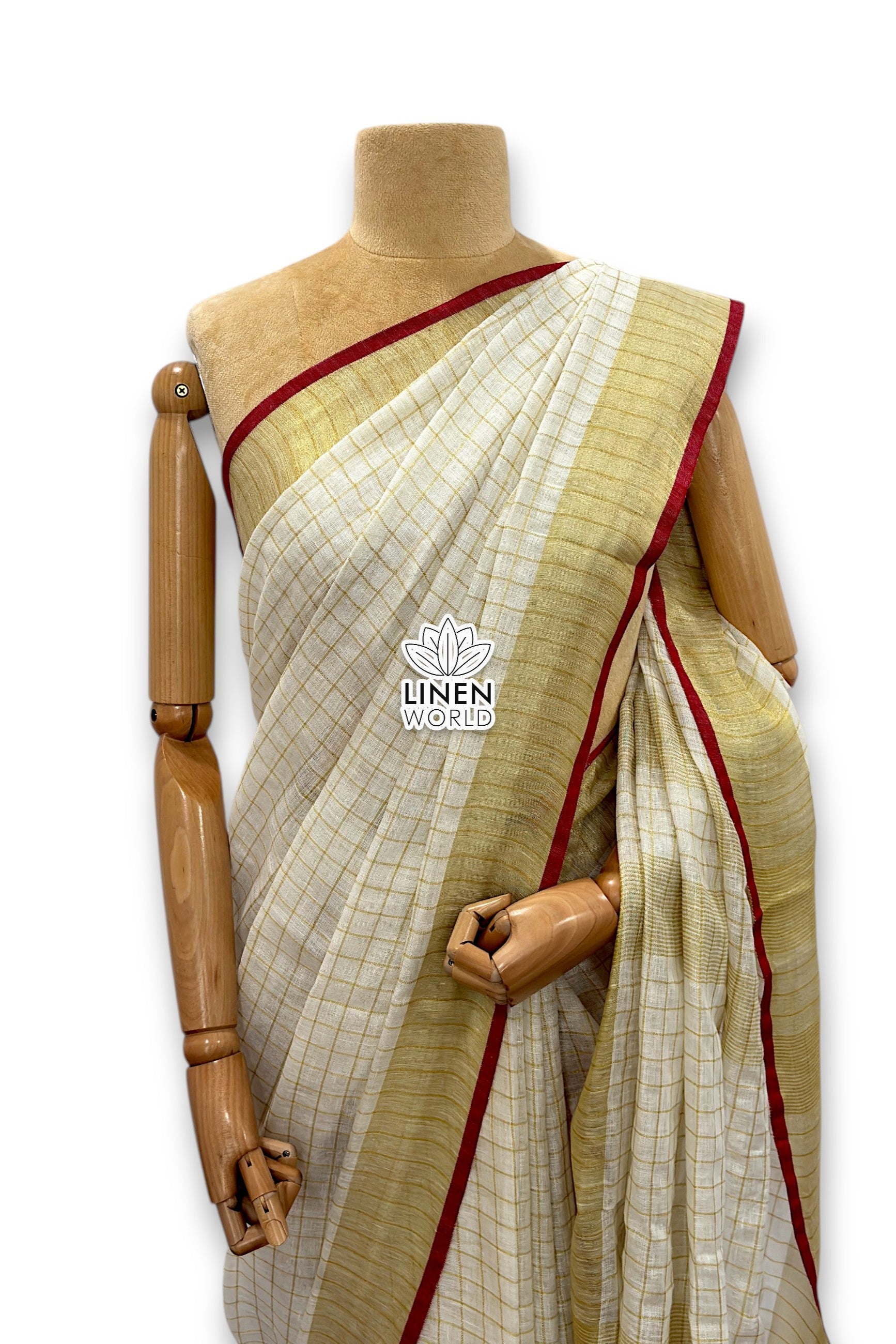 onam special mini check pure linen saree - linenworldonline.in