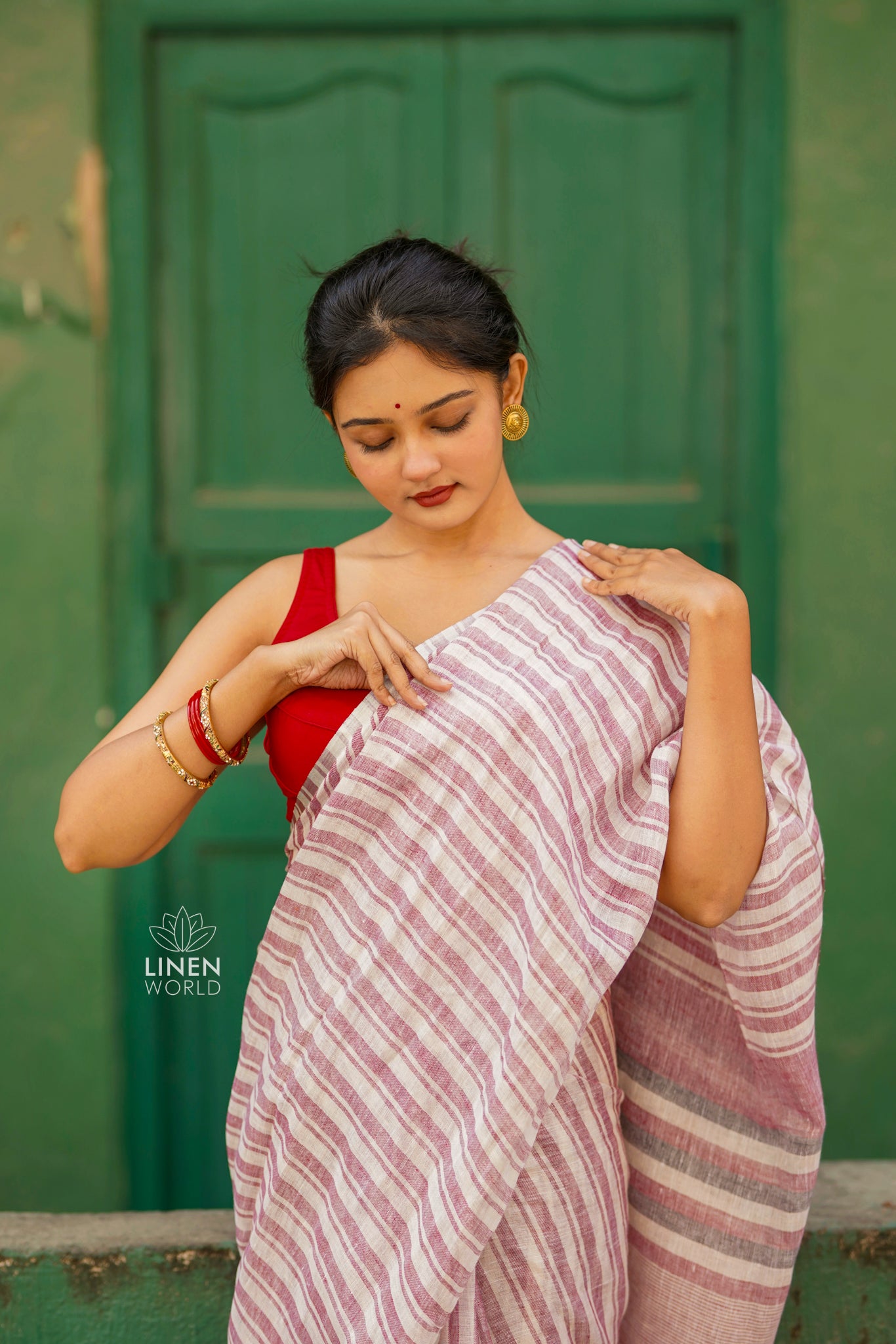 onion cream handloom pure linen saree - linen world