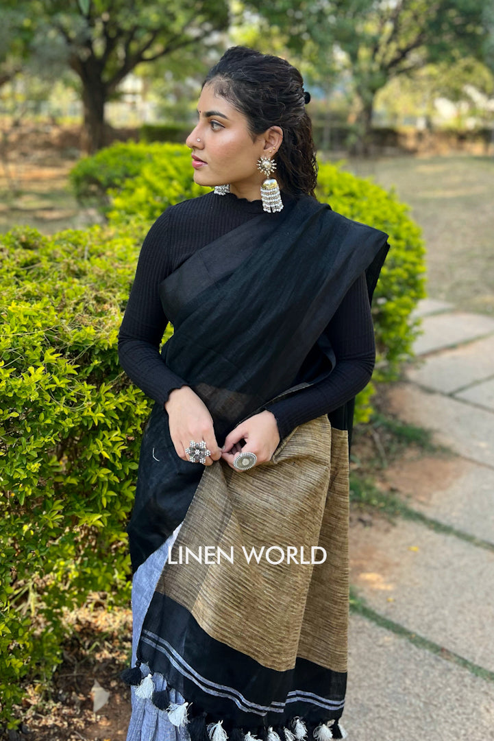 black grey partly woven organic linen saree - linenworldonline.in