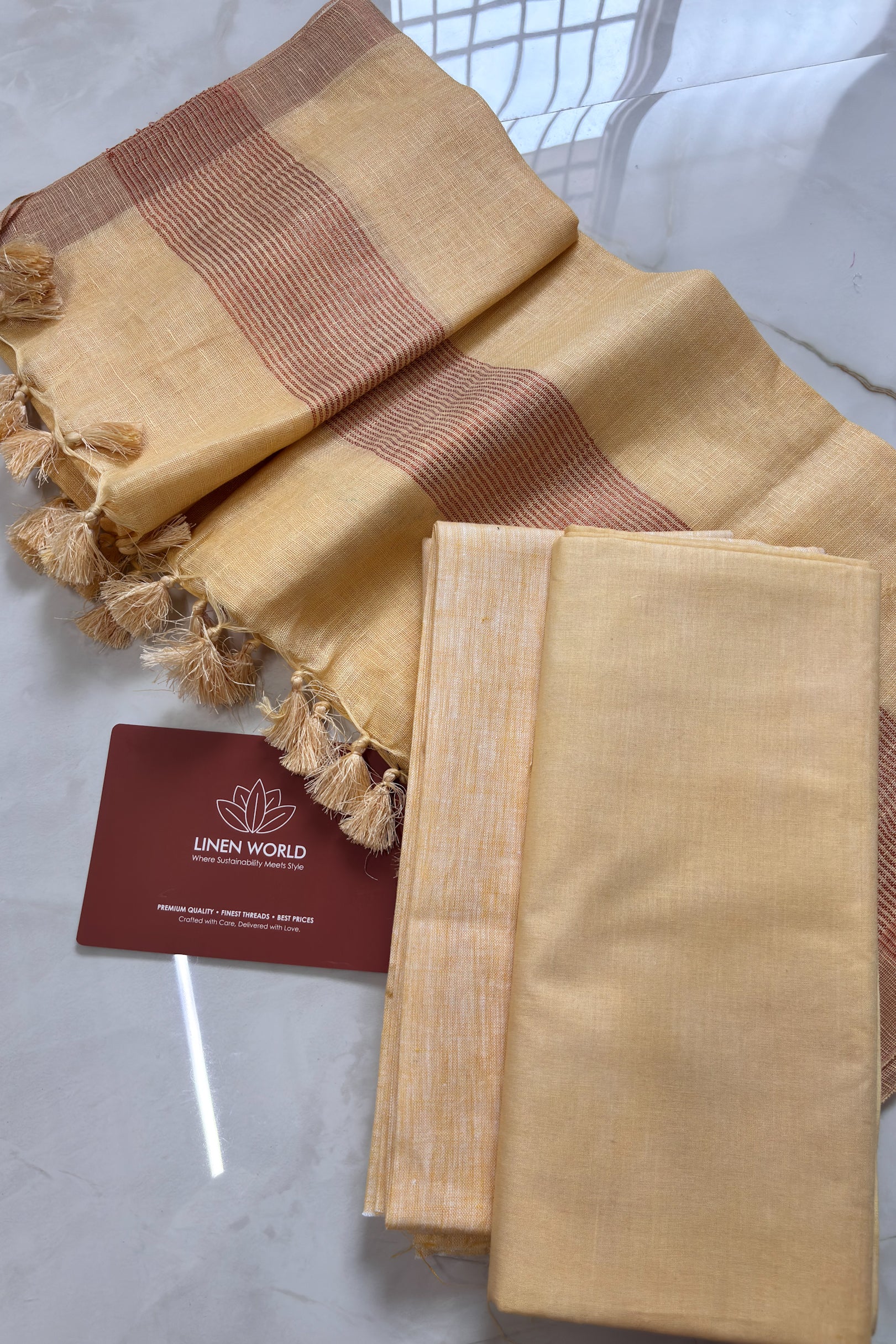 Pale yellow pure linen unstitched dress material with 100% linen top, cotton bottom, and linen dupatta –  Linen World