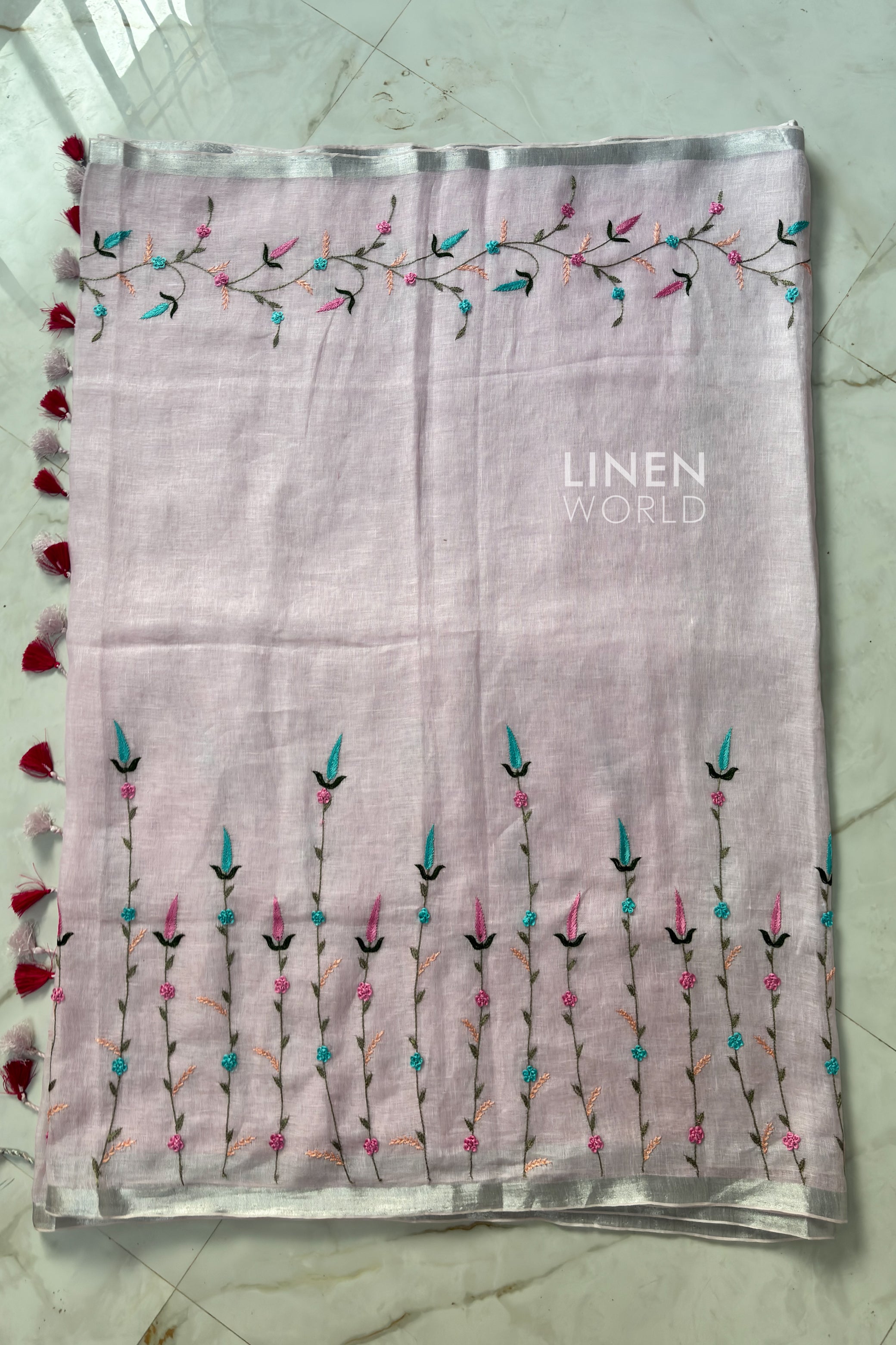 Premium pink linen saree with handcrafted details - linenworldonline.in