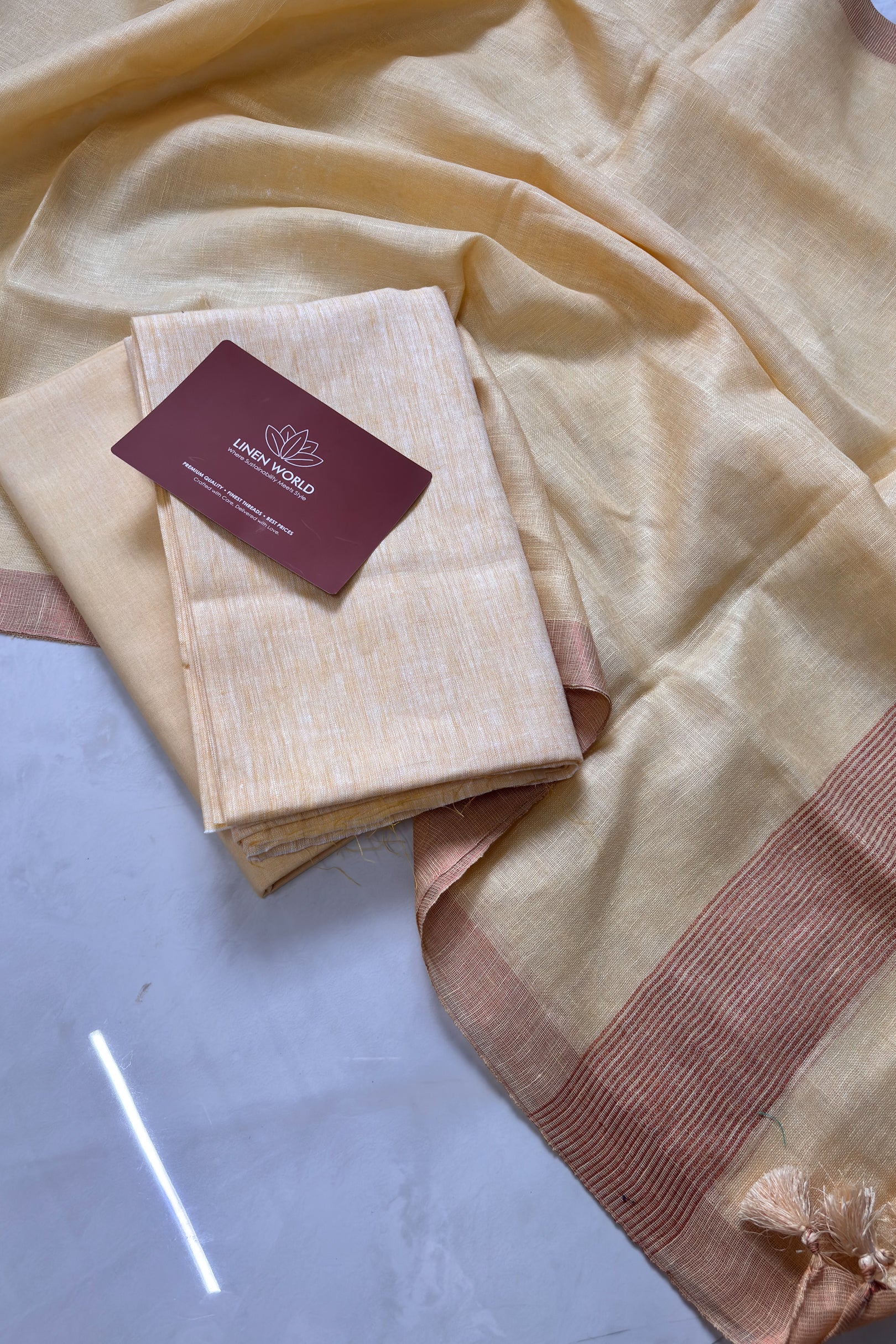 Pale yellow pure linen unstitched dress material with 100% linen top, cotton bottom, and linen dupatta –  Linen World