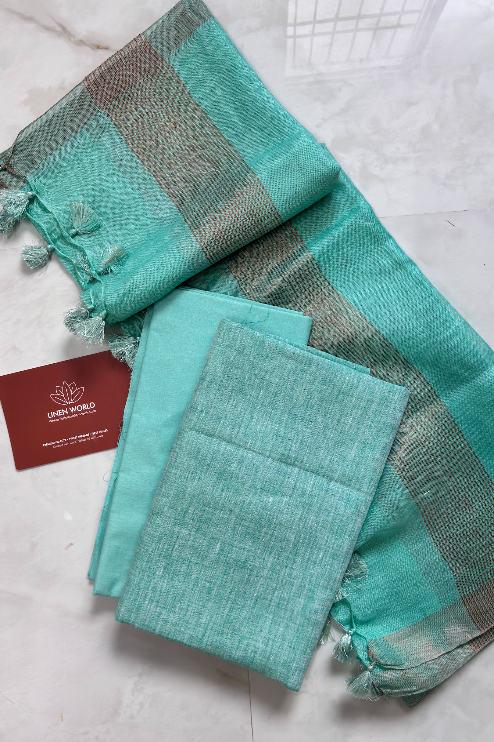 Sea greeen pure linen unstitched dress material with 100% linen top, cotton bottom, and linen dupatta –  Linen World