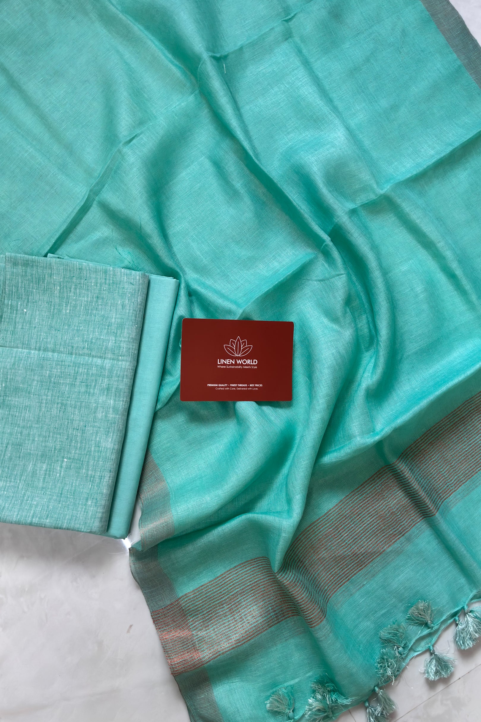 Sea green pure linen unstitched dress material with 100% linen top, cotton bottom, and linen dupatta –  Linen World
