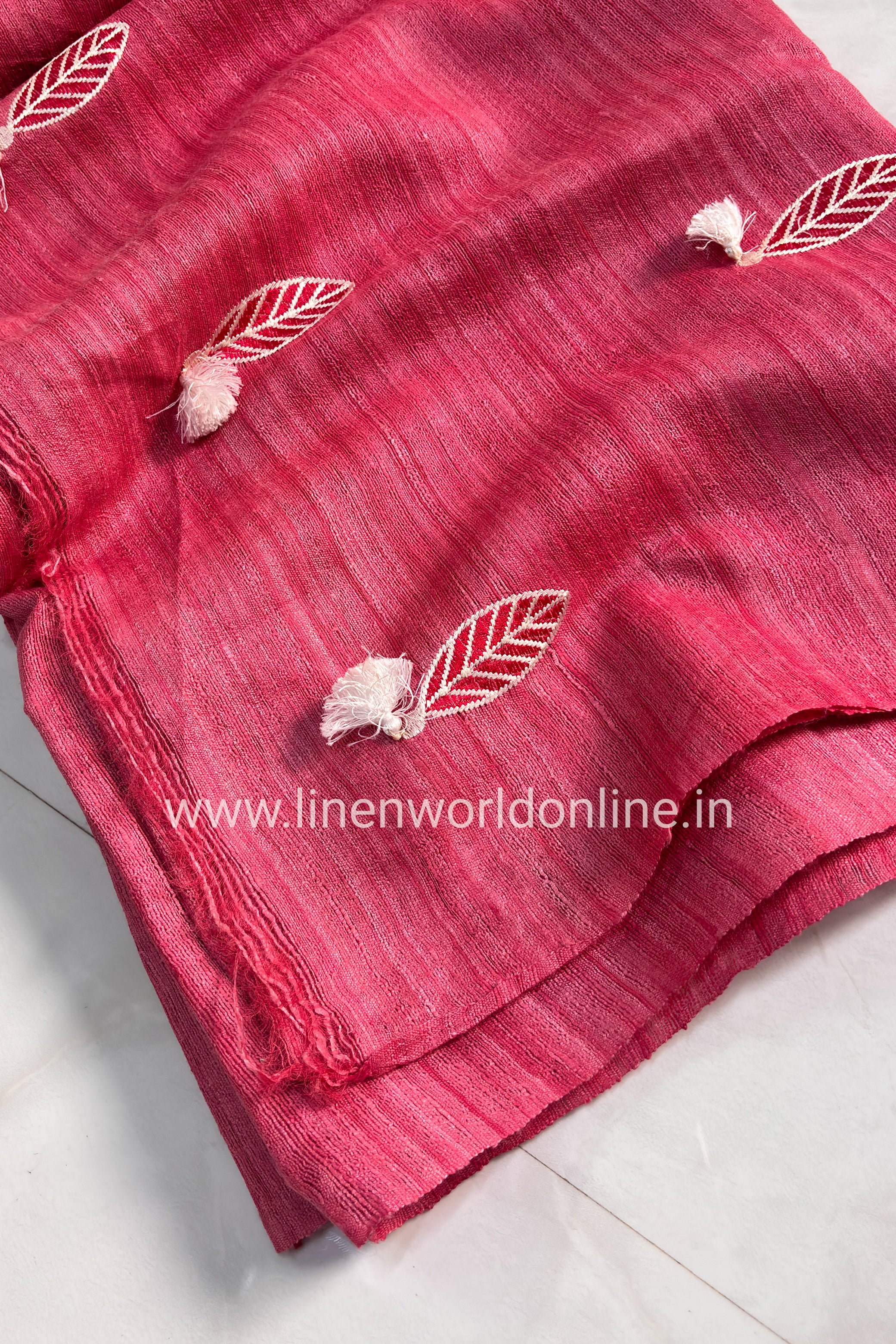 Peach Handloom Bhagalpuri Tussar Ghicha Silk Saree With Digital Embroidery - linenworldonline.in