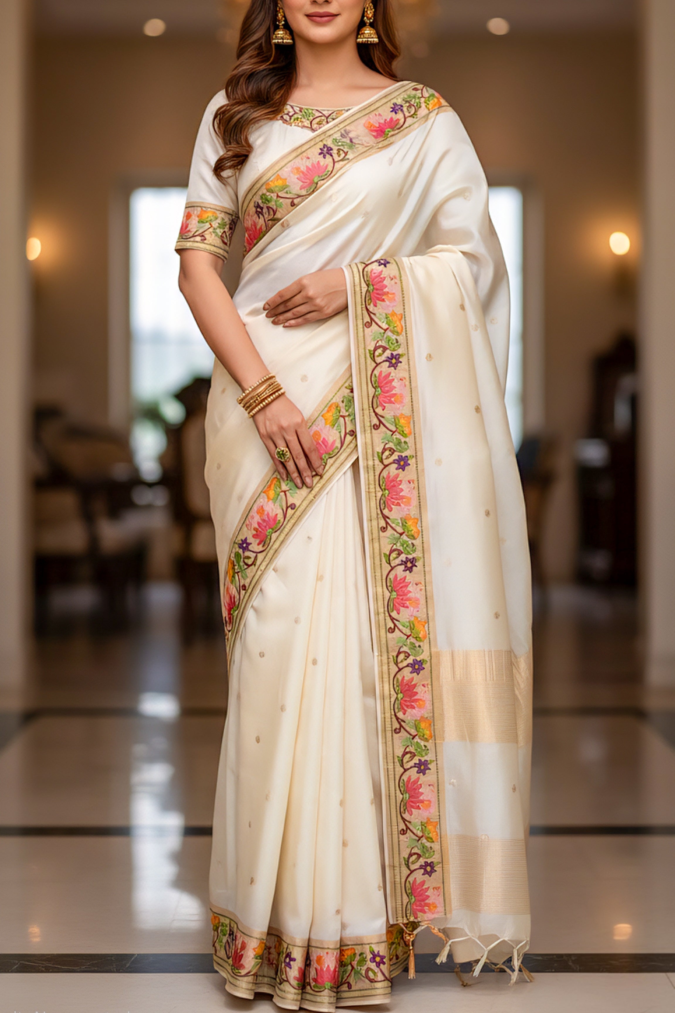 Premium Bhagalpuri Tussar Silk Saree in off-white with heavy multicolor floral digital embroidery by Linen World  Bhagalpuri Tussar Silk, Saree, off-white, multicolor, floral, digital embroidery, border.