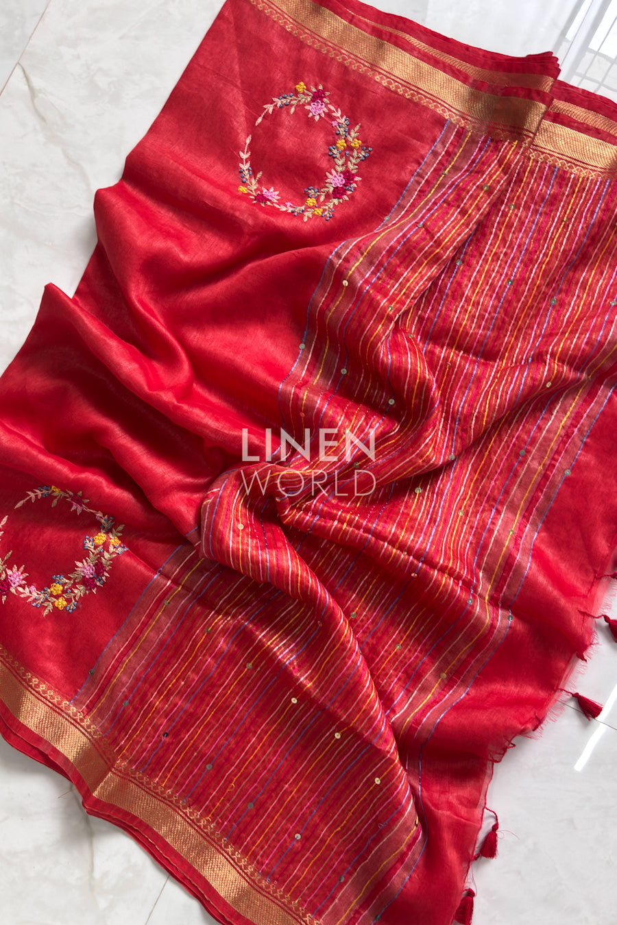 Designer red French knot embroidered silk linen saree online – Linen World