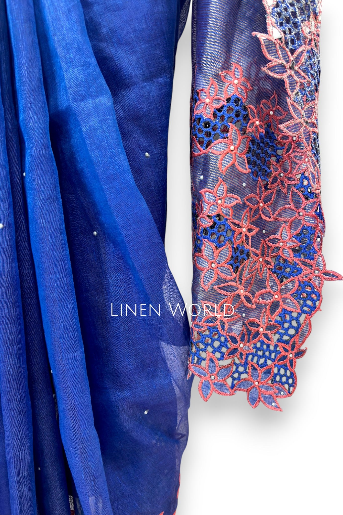 exclusive royal blue premium hand cutwork silk linen saree palla - linen world