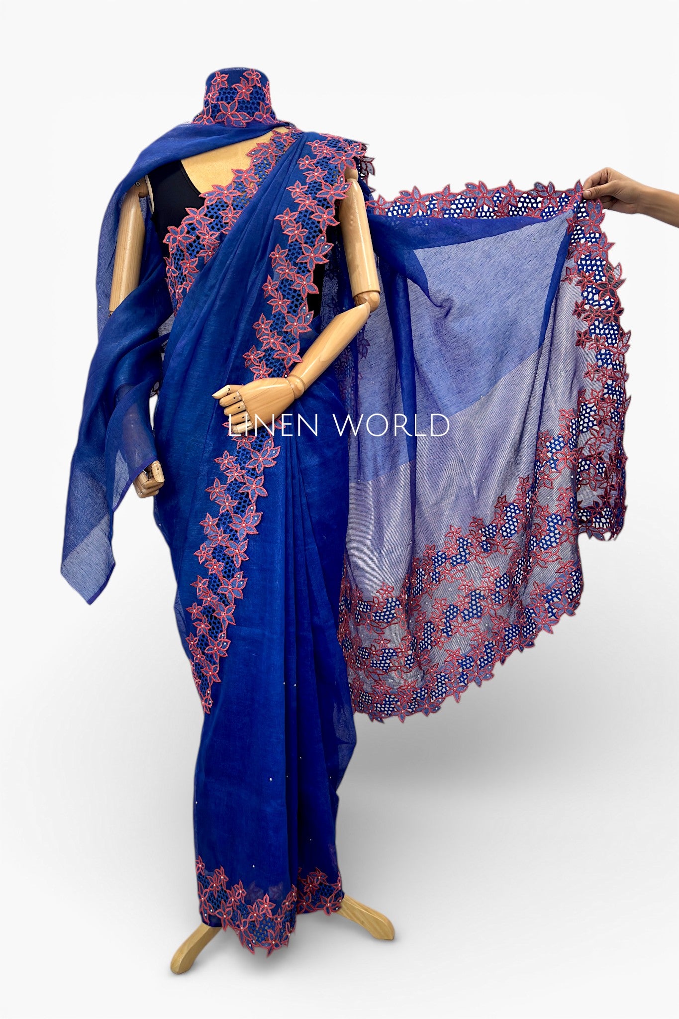 exclusive royal blue premium hand cutwork silk linen saree - linen world