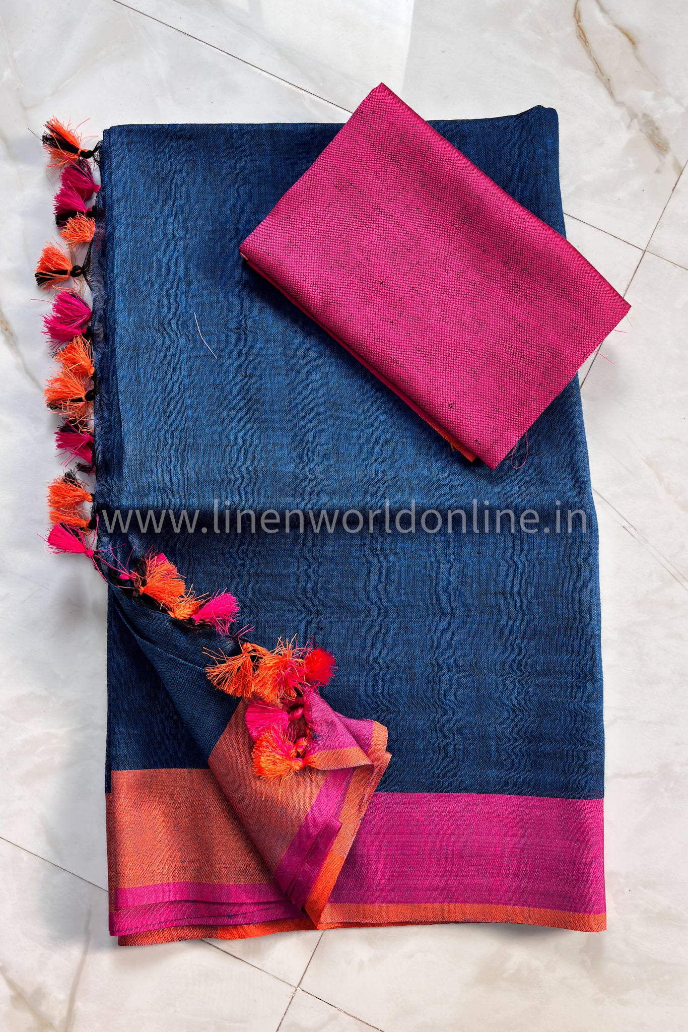 pure linen handloom midnight blue saree with pink and orange border and tassels - linenworldonline.in