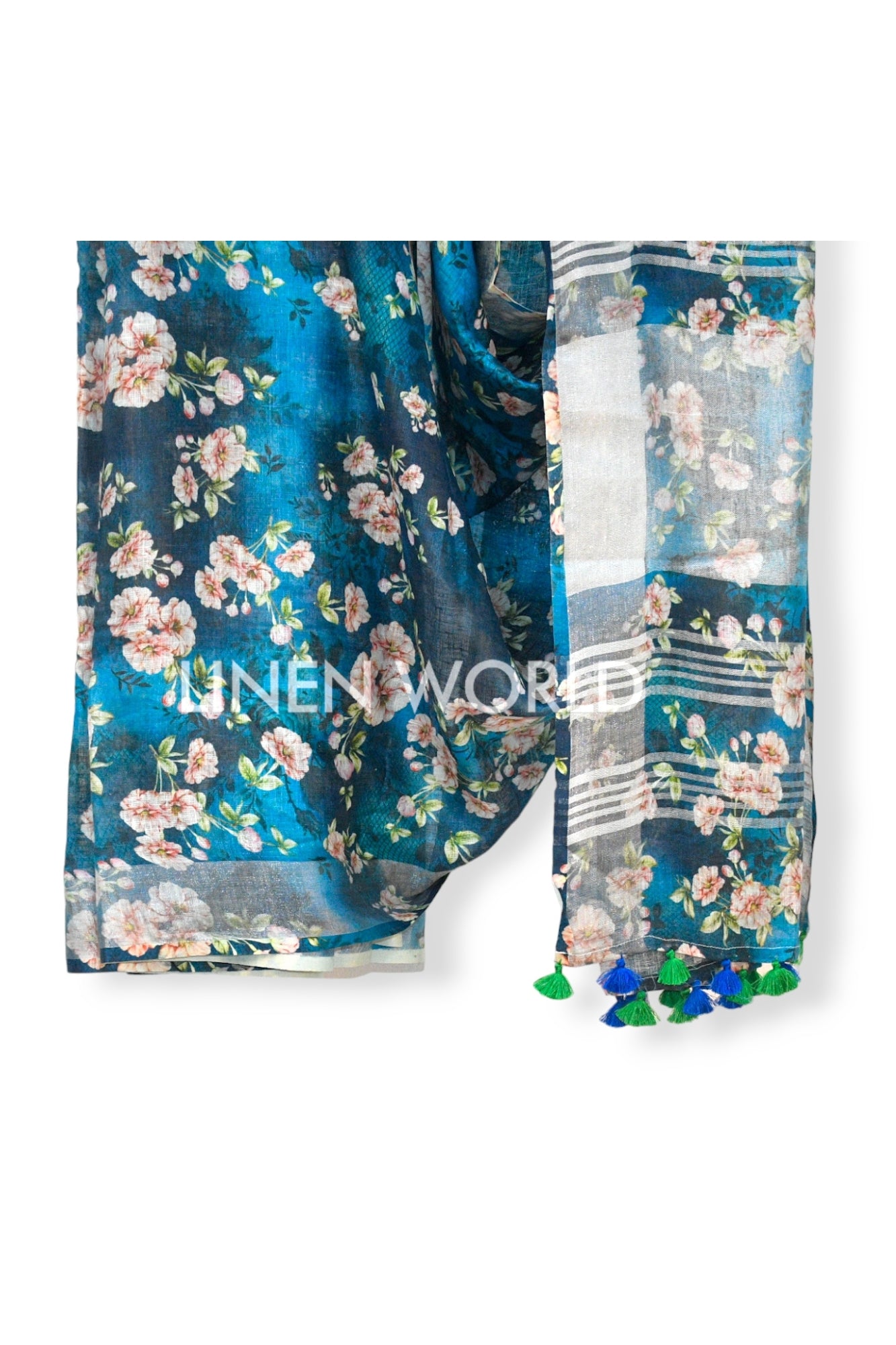 hana: blue digital printed pure linen saree - linenworldonline.in