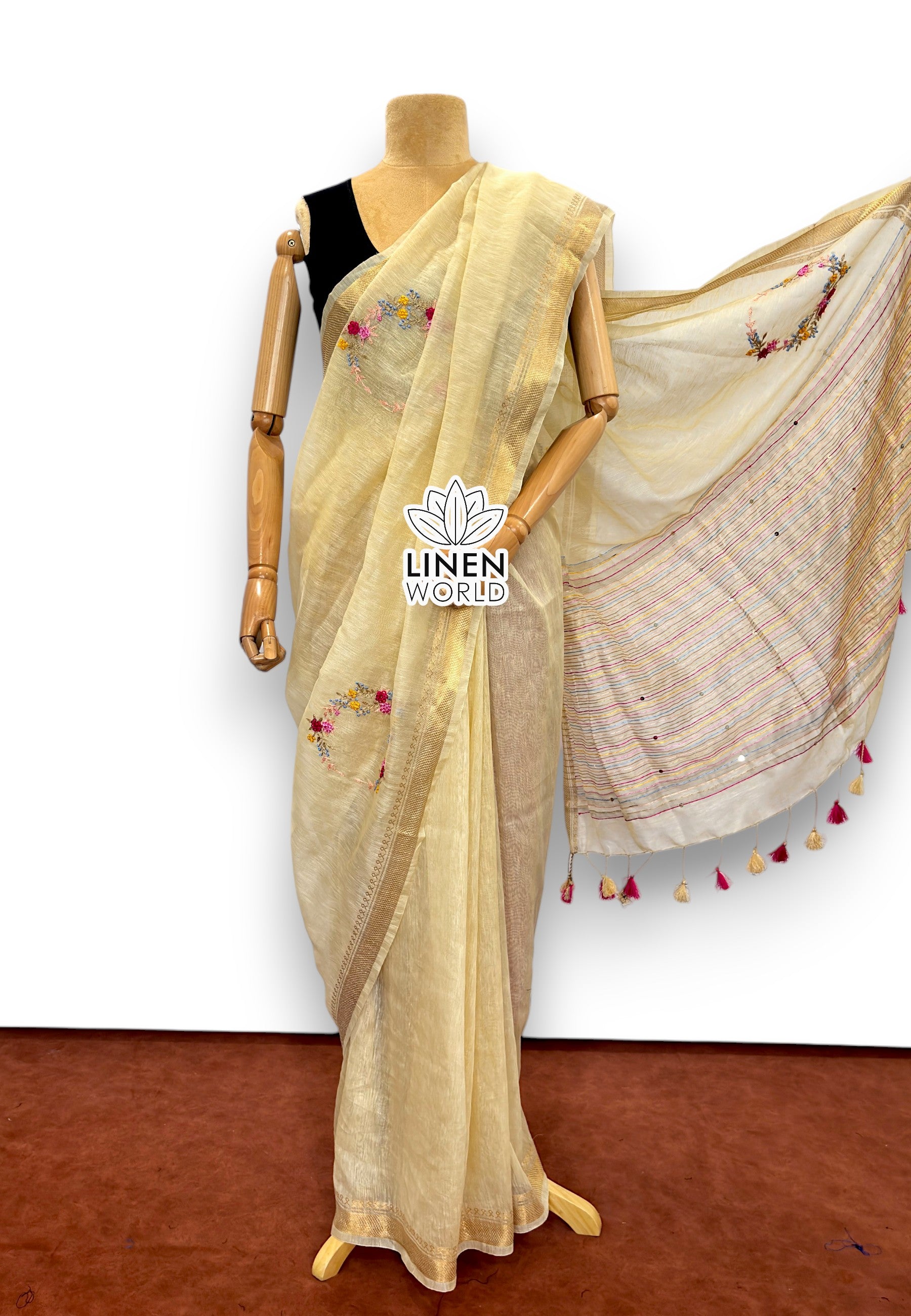 Onam special French knot silk linen saree - linen world